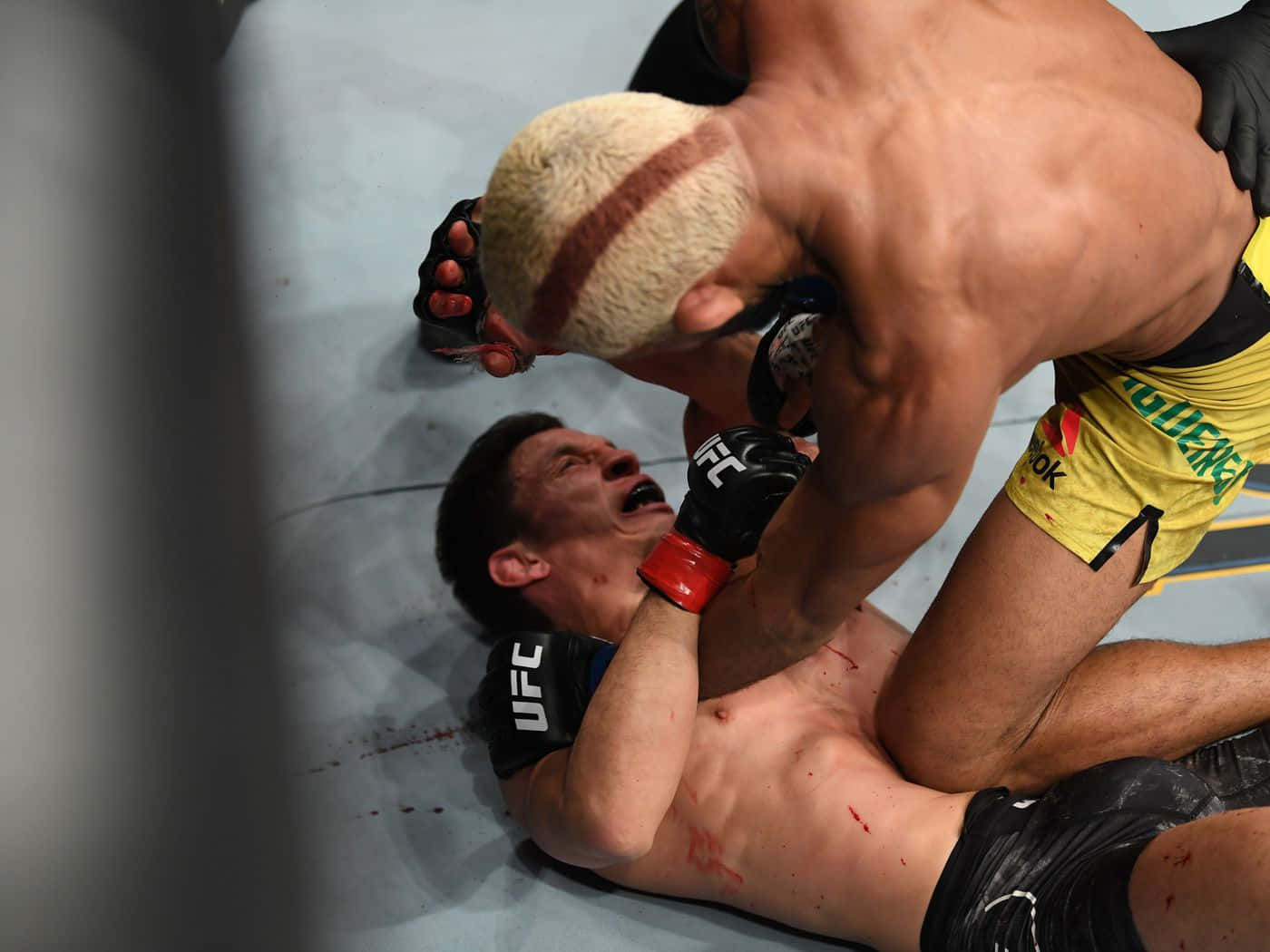 UFC 桌布 壁紙 — 一名身穿黃色短褲的拳手在UFC八角籠墊上對對手施展鎖喉，血跡染污了表面。