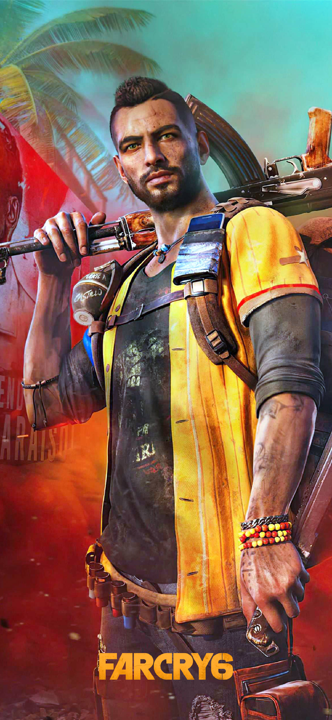 far cry iPhone 桌布 壁紙 — 一名身穿黃色背心的粗獷士兵，在熱帶背景下手持步槍，背景有棕櫚樹和火紅色的煙霧。