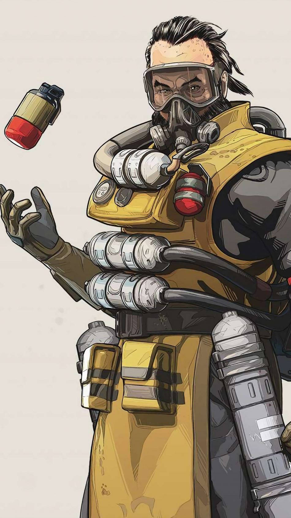 Apex Legends Mobile 桌布 壁紙 — 一名身穿黃色裝備的強壯裝甲士兵，將一個紅色和米色的水壺扔向純米色背景。