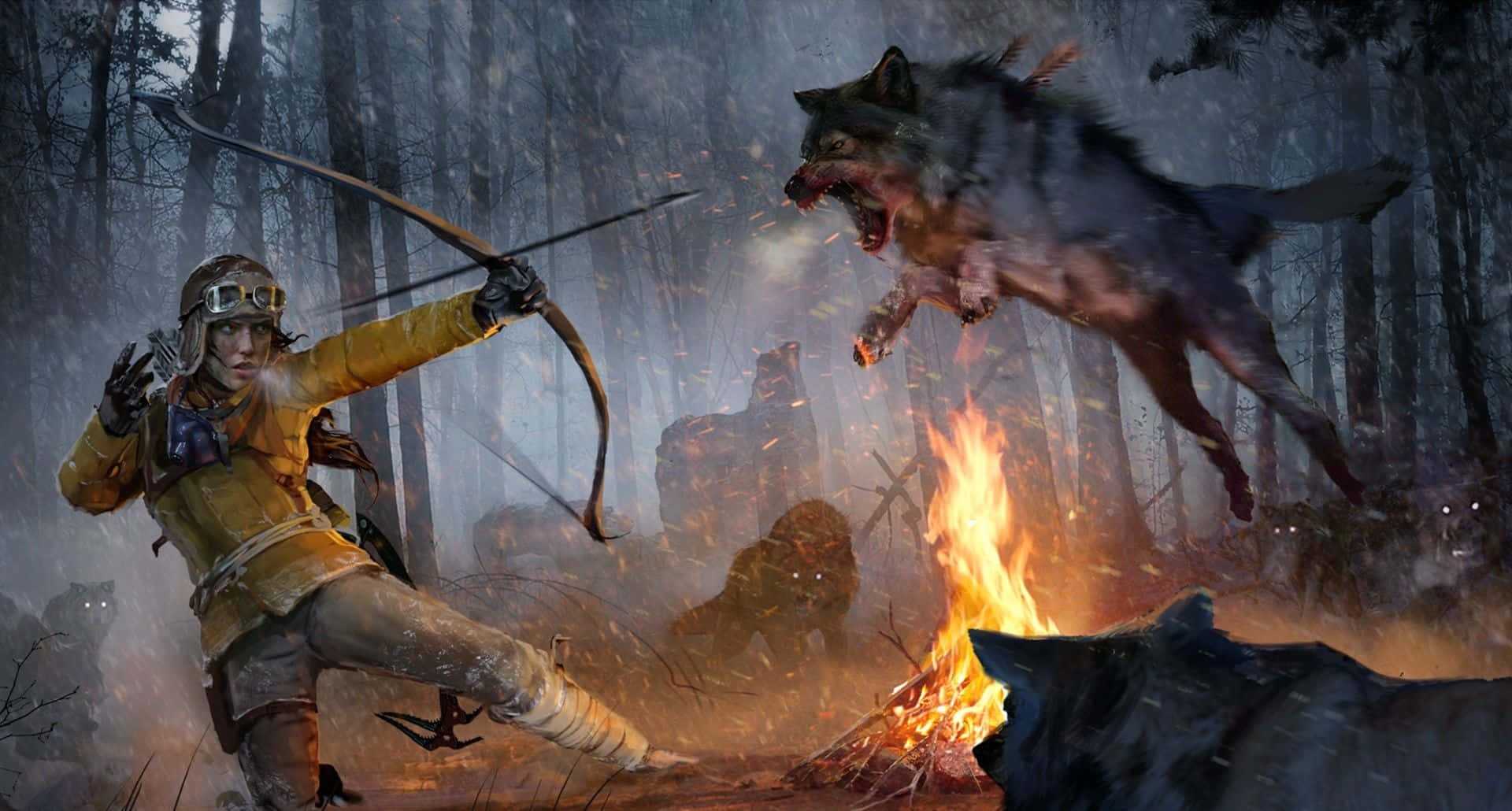 Lara Croft 桌布 壁紙 — 一名身穿黃色裝備的獵人拉弓抵禦一隻在霧氣森林中跳躍的狼，森林被熊熊營火照亮。