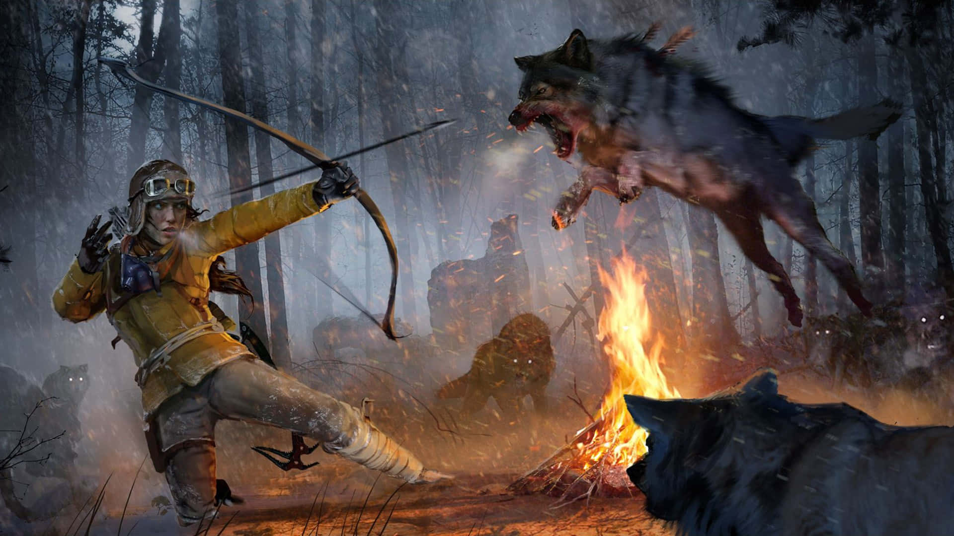 Rise Of The Tomb Raider 桌布 壁紙 — 一名身穿黃色裝備的獵人拉弓抵禦一隻在雪地森林中跳躍的狼，森林被熊熊營火照亮。