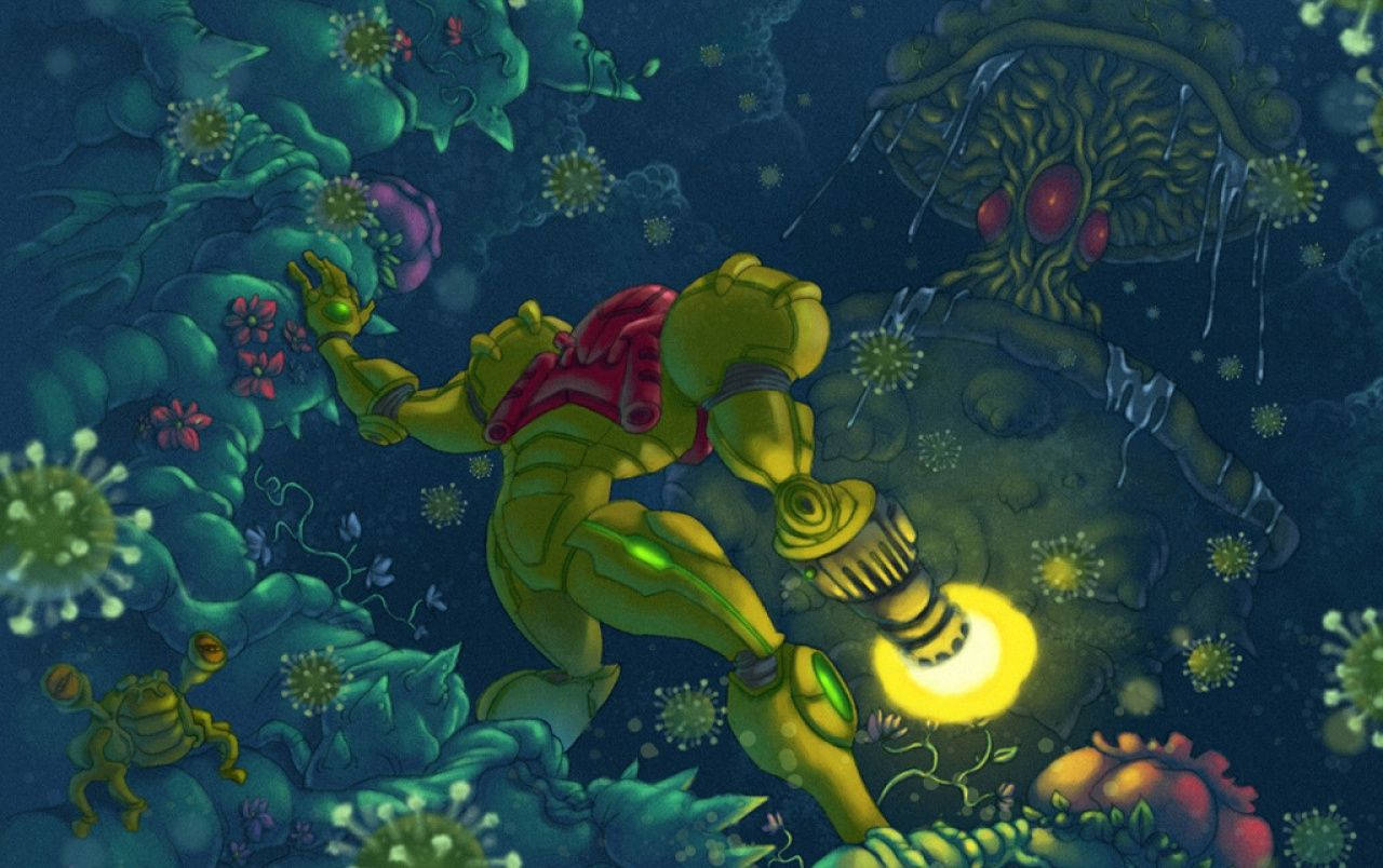 銀河戰士 桌布 壁紙 — 一名身穿黃色裝甲的太空探險家穿梭於發光的外星叢林，叢林中有生物發光的植物和令人毛骨悚然的紅眼生物。