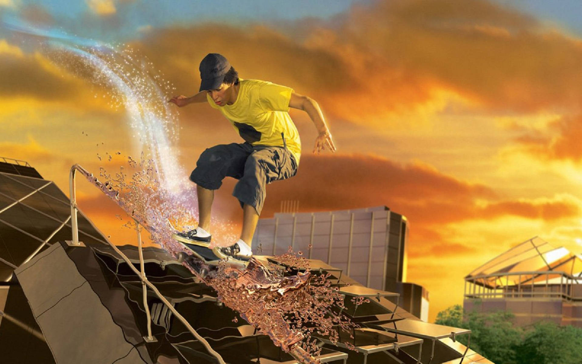 Skater Boy 桌布 壁紙 — 一名身穿黃色襯衫的滑板手在日落時分，在充滿活力的橙色雲彩和戲劇性飛濺的水花中，在天台欄杆上磨滑。