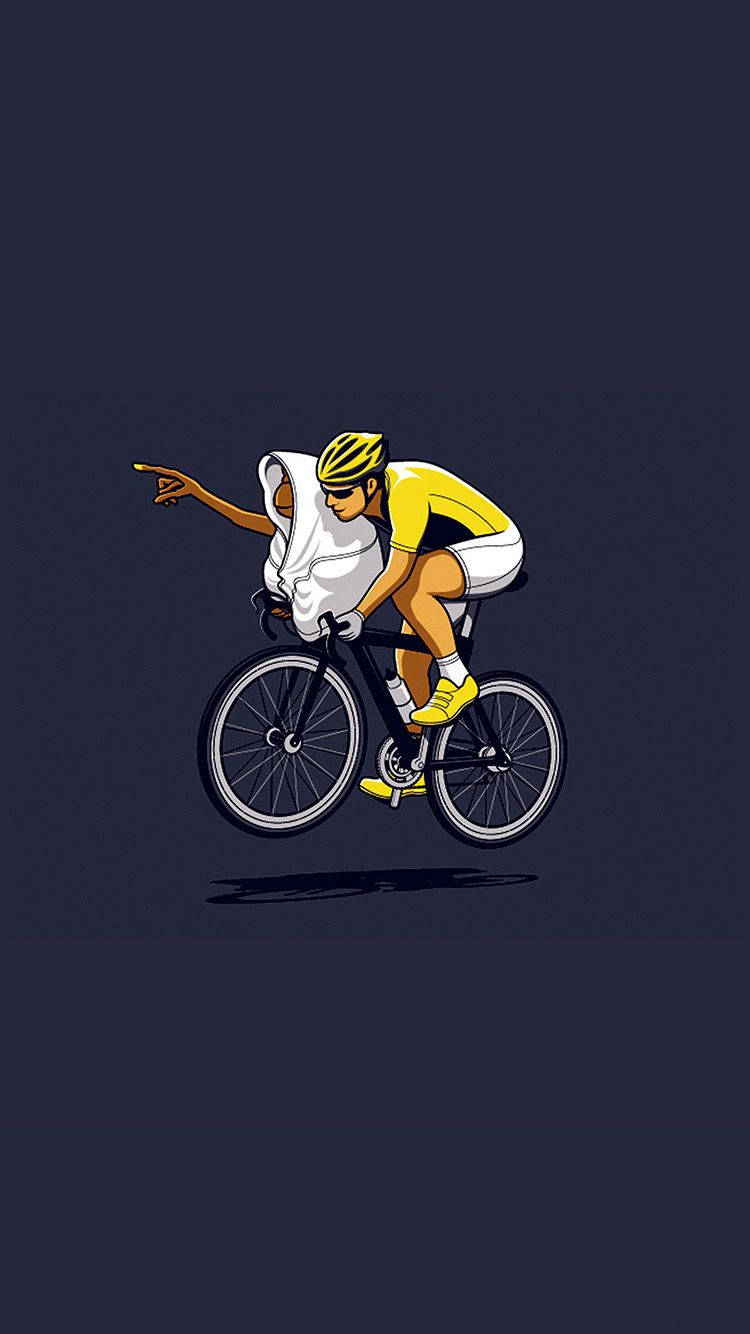 Bike Rider 桌布 壁紙 — 一名身穿黃色車衣和頭盔的自行車手騎著自行車，在深海軍藍色背景上向前指。