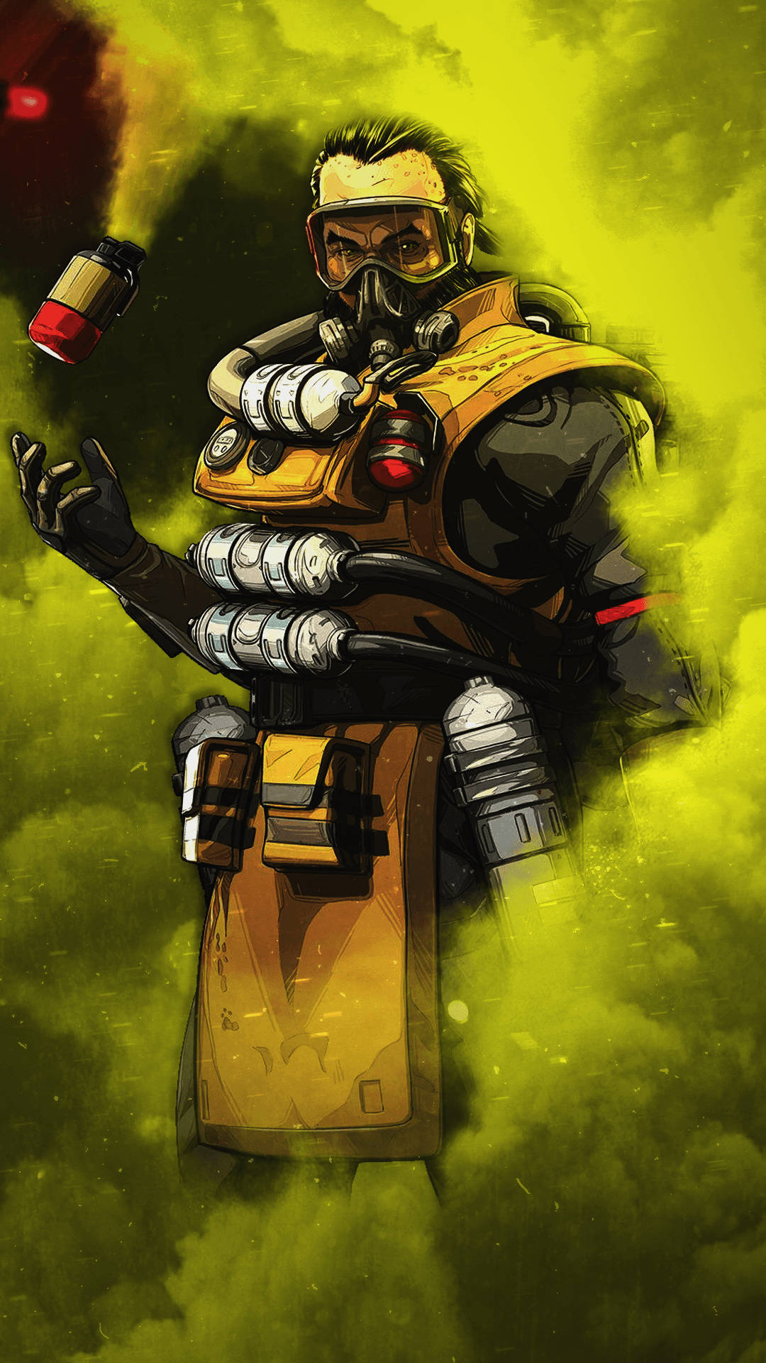 Apex Legends Mobile 桌布 壁紙 — 一名身穿黃色防毒面具和戰術裝備的士兵站在有毒的綠色煙霧中，手持手榴彈。