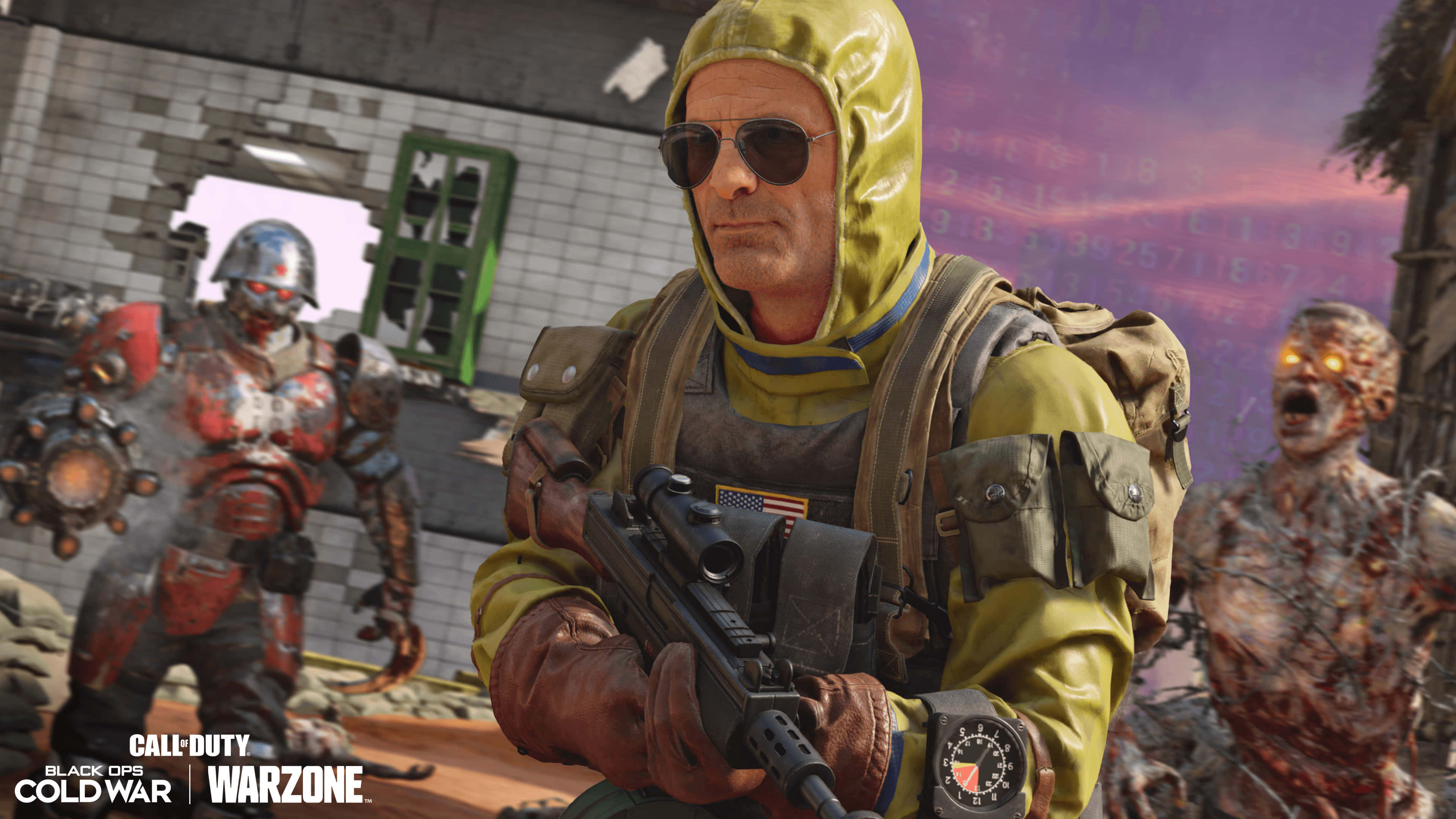 4K Call Of Duty Black Ops Cold War 桌布 壁紙 — 一名身穿黃色防護服的士兵手持步槍，而殭屍在黃昏時分的廢墟城市環境中潛伏。
