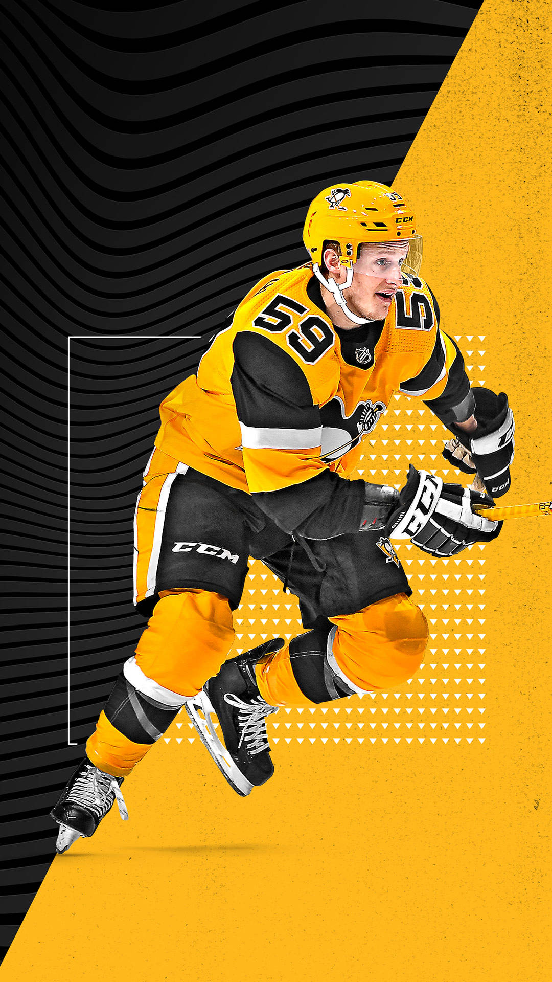 penguins 桌布 壁紙 — 一名身穿黃黑色球衣的曲棍球運動員在鮮明的黑黃幾何背景前動態地滑行。