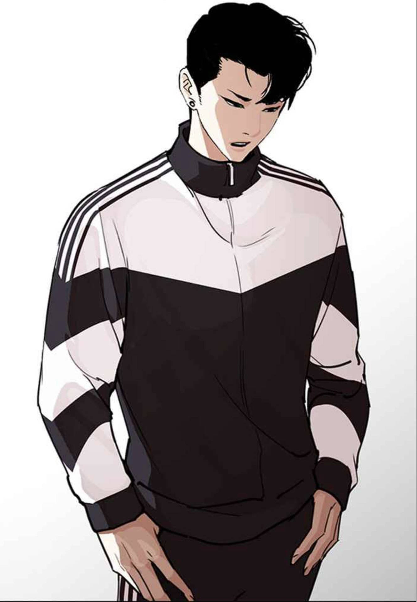 年輕男子身穿黑白運動外套，雙手插袋。 — 看臉時代 GIF 壁紙