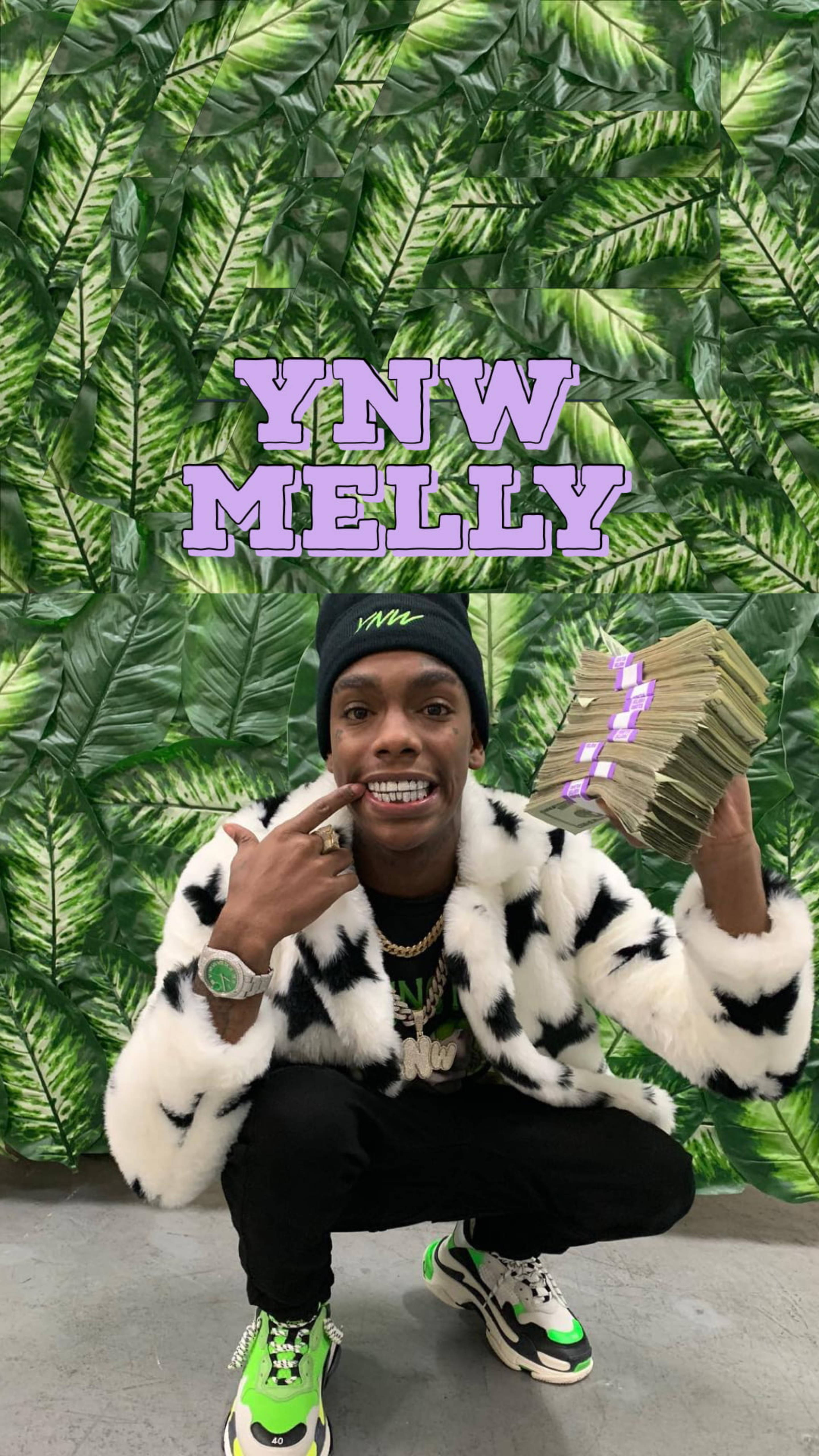 Melly 桌布 壁紙 — 一名身穿黑白皮草大衣的男子蹲著，手持現金，背景是綠色樹葉，並有「YNW MELLY」字樣。
