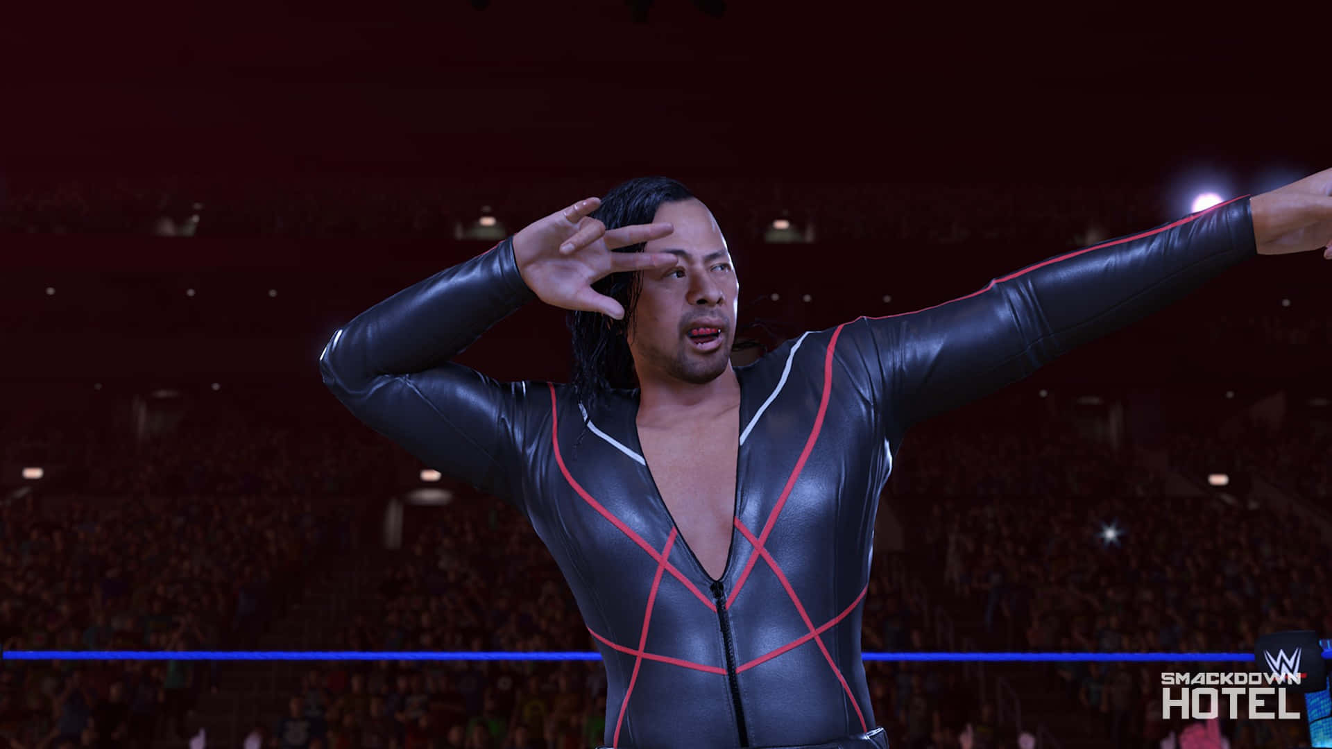 WWE Desktop 桌布 壁紙 — 一名身穿黑紅戰衣的摔角手在明亮的聚光燈下，於座無虛席的場館中擺出戲劇性的姿勢。