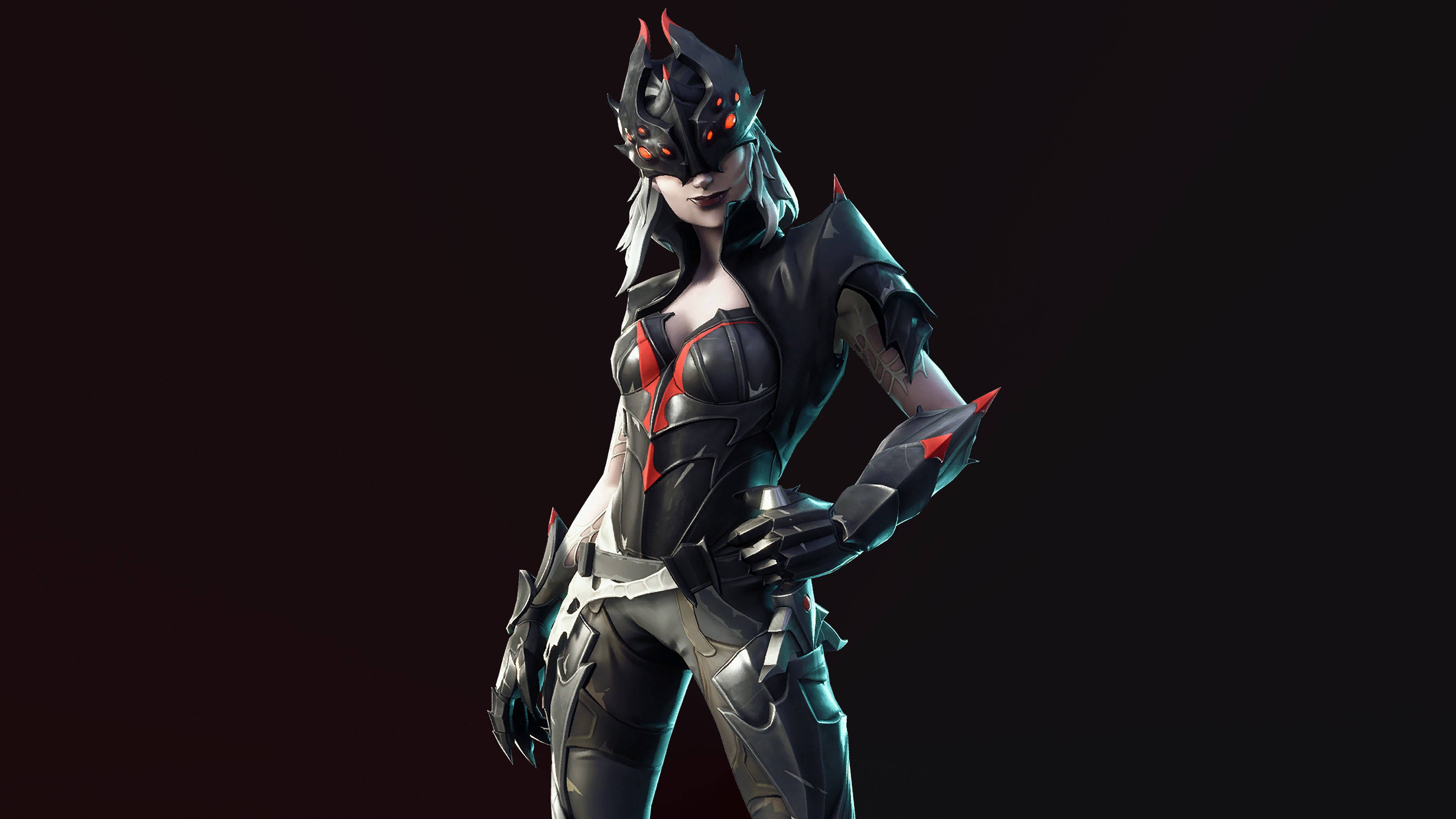Fortnite 造型 桌布 壁紙 — 一名身穿黑紅盔甲的黑暗奇幻戰士，在漸變黑色背景前蓄勢待發。
