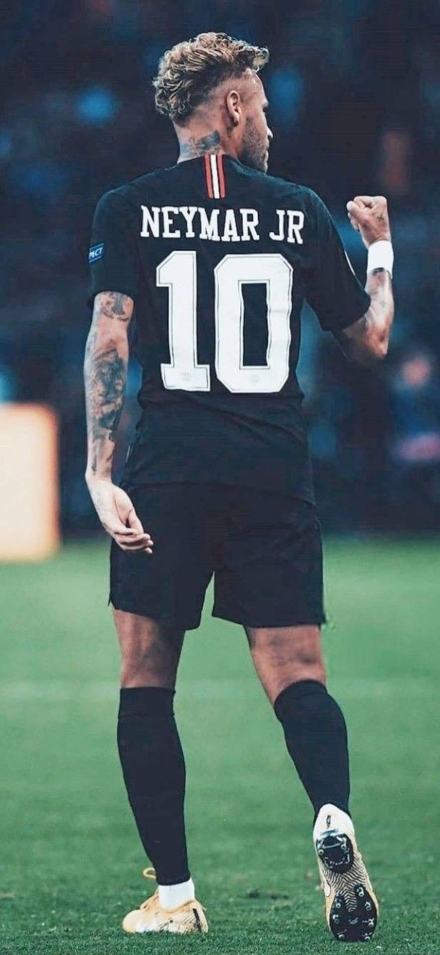 足球運動員 Neymar Jr 身穿黑色球衣 10 號在綠色球場上慶祝。 — 内马尔 壁紙