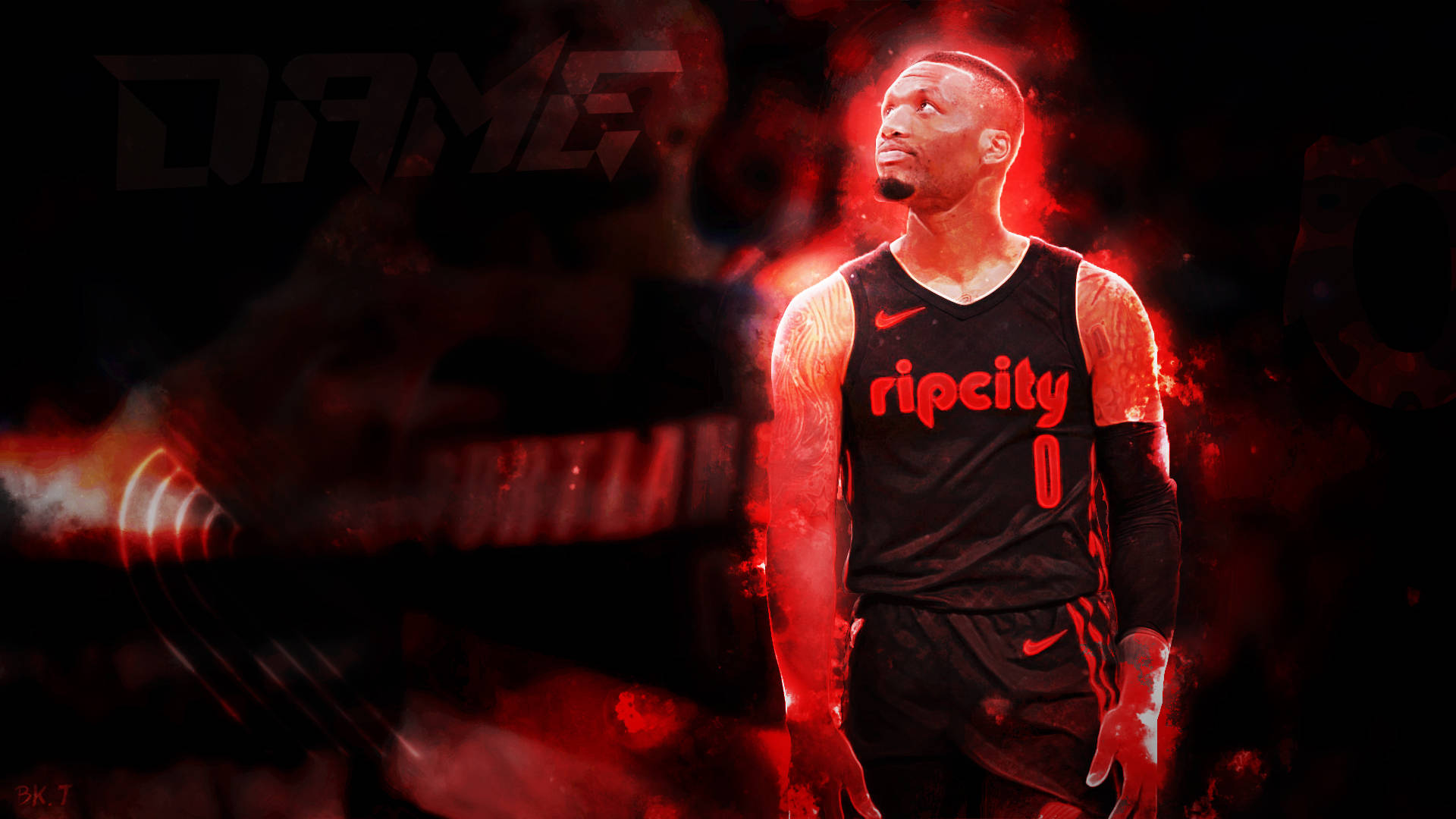 Damian 桌布 壁紙 — 一名身穿黑色 'ripcity' 球衣的籃球運動員在黑暗煙霧背景中散發出火紅色的能量光芒。