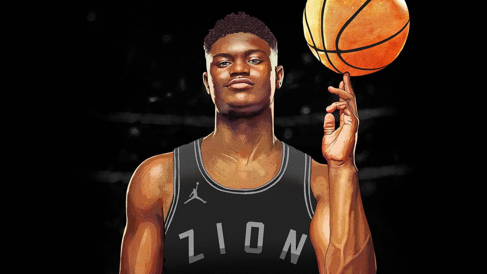 Zion 桌布 壁紙 — 一名身穿黑色 'ZION' 球衣的籃球運動員在深色背景前用指尖平衡一個橙色籃球。