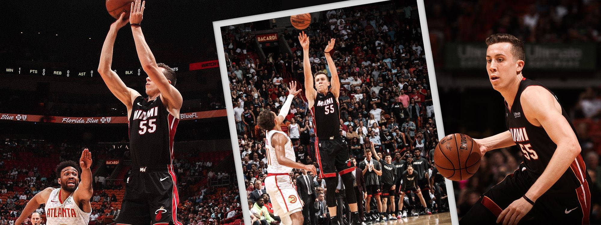duncan robinson 桌布 壁紙 — 一名身穿黑色55號球衣的邁阿密熱火球員在擠滿觀眾的場館中進行激烈比賽時投籃。