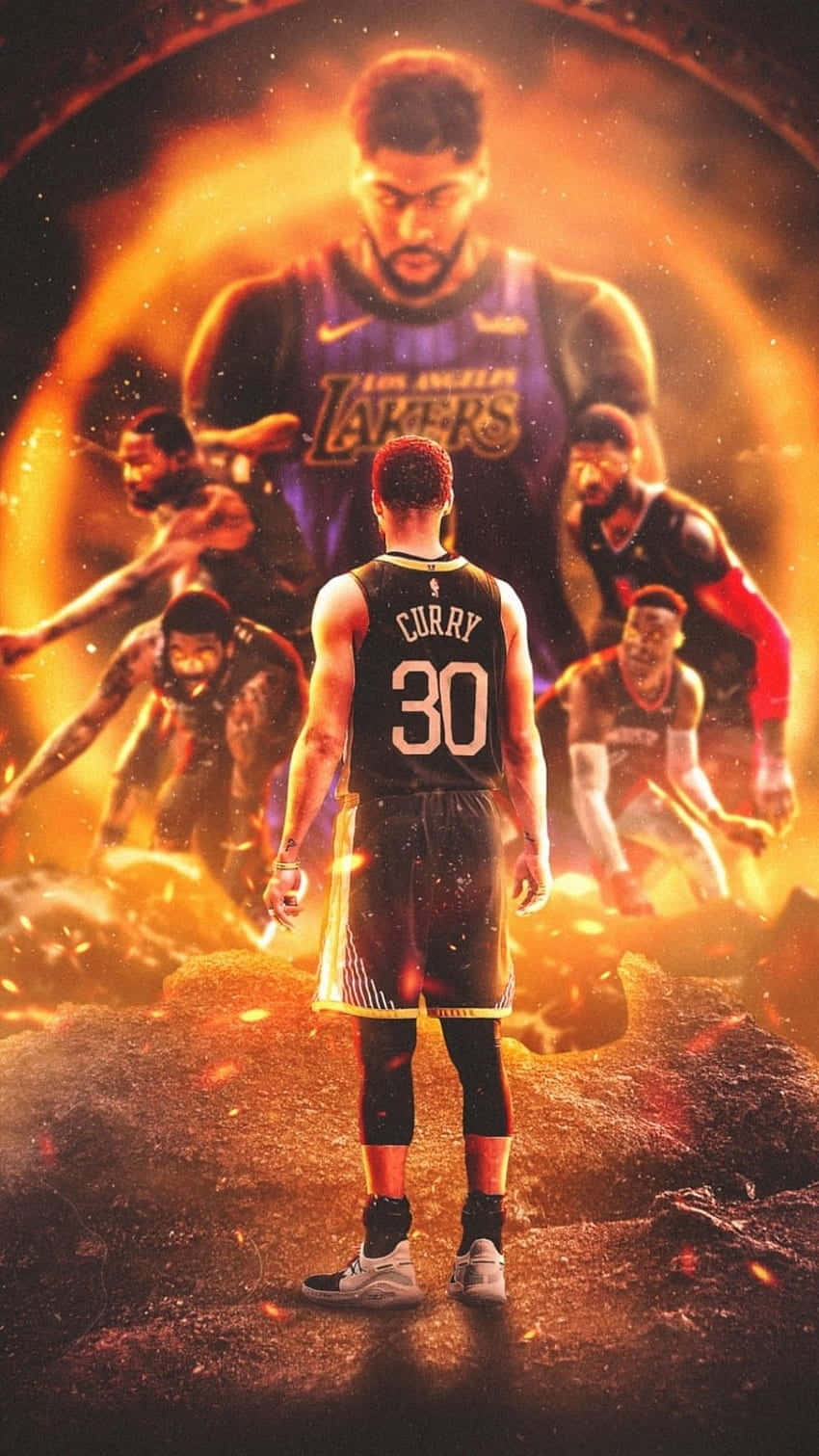 Best NBA 桌布 壁紙 — 一名身穿黑色Curry 30球衣的籃球運動員背對觀眾，面向一個發光的金色傳送門，多名湖人隊球員從中出現。