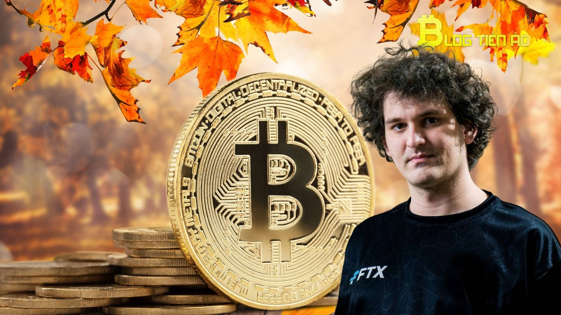 Cryptocurrency 桌布 壁紙 — 一名身穿黑色FTX襯衫的男子站在秋葉下，旁邊有一個巨大的金色比特幣硬幣和一堆硬幣。