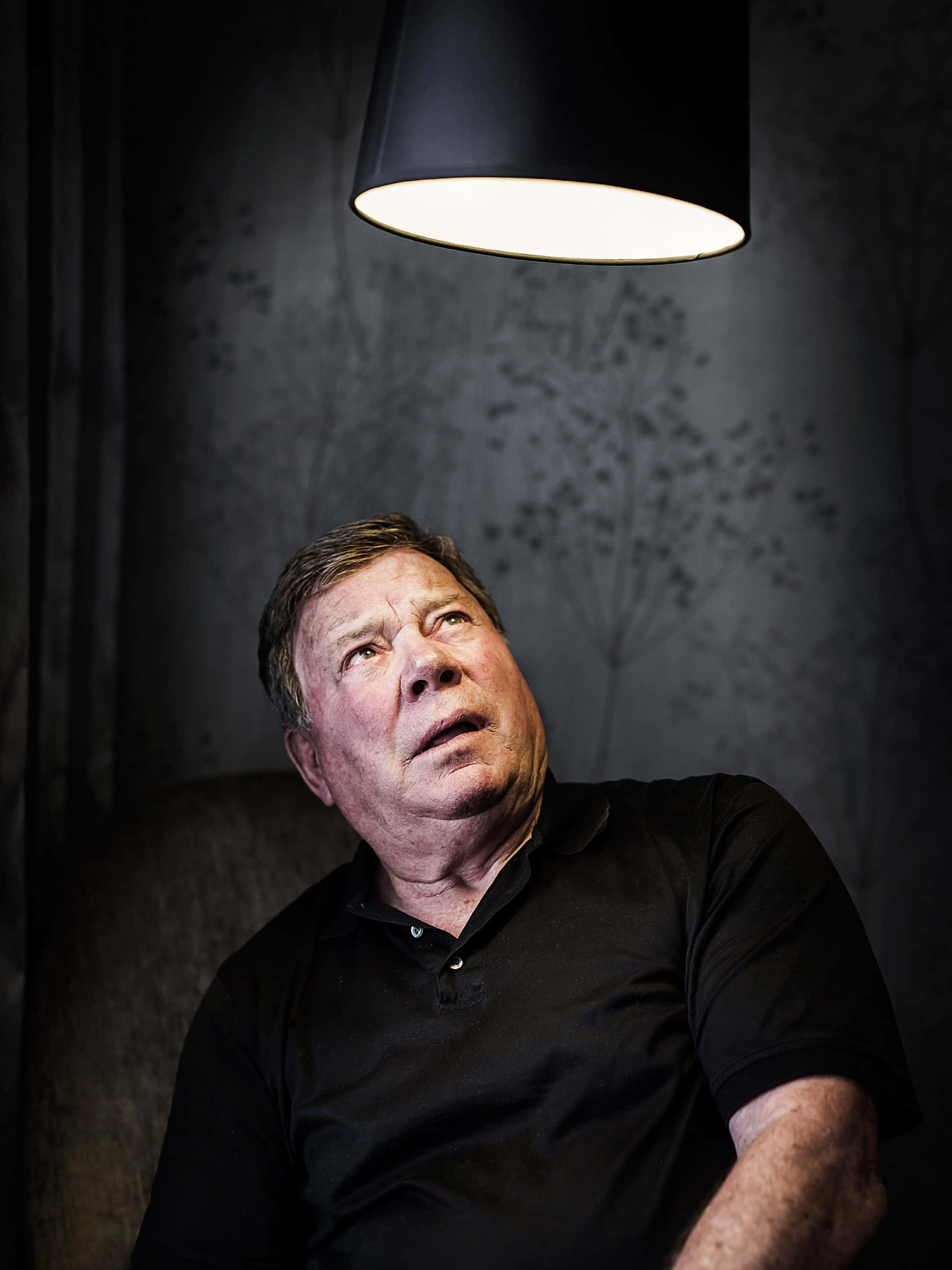 william shatner 桌布 壁紙 — 一名身穿黑色Polo衫的男子在昏暗的房間裡，在現代黑色吊燈的光芒下抬頭仰望，房間貼有圖案壁紙。