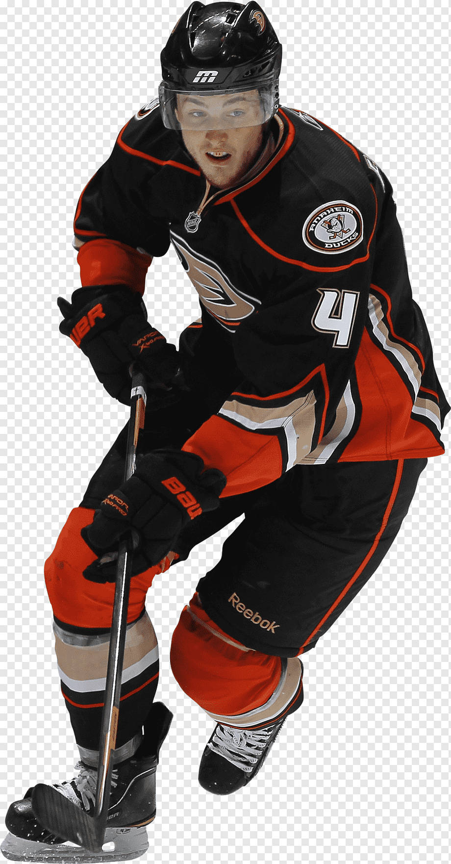 運動 桌布 壁紙 — 一名身穿黑色和橙色Anaheim Ducks裝備的冰球運動員低蹲，球桿準備就緒。