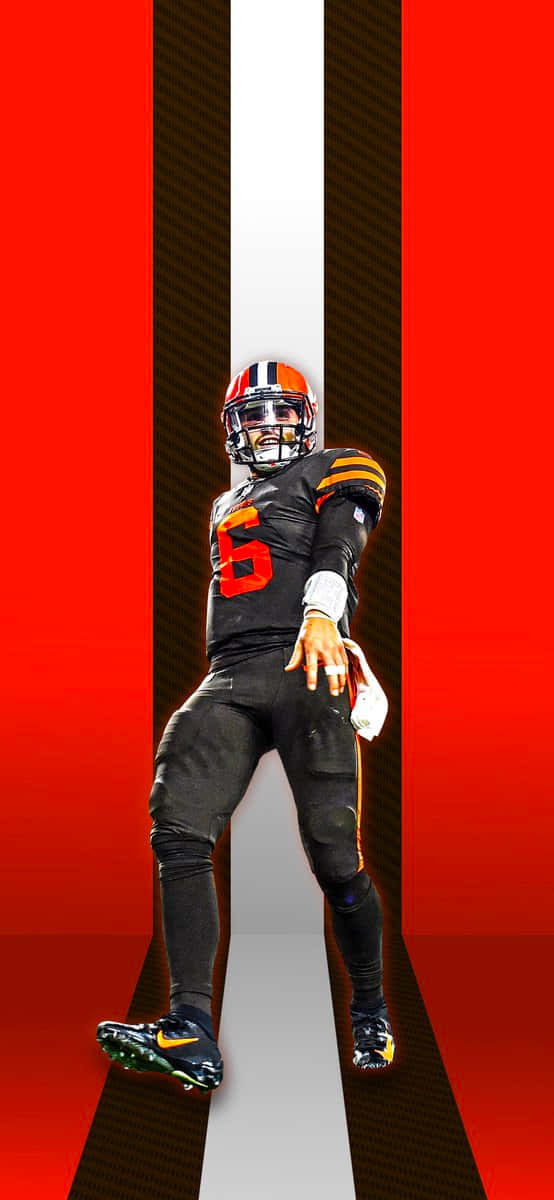 Baker Mayfield 桌布 壁紙 — 一名身穿黑色和橙色球衣、背號6號的足球運動員，在鮮明的紅黑背景前，站在一條白色條紋上。