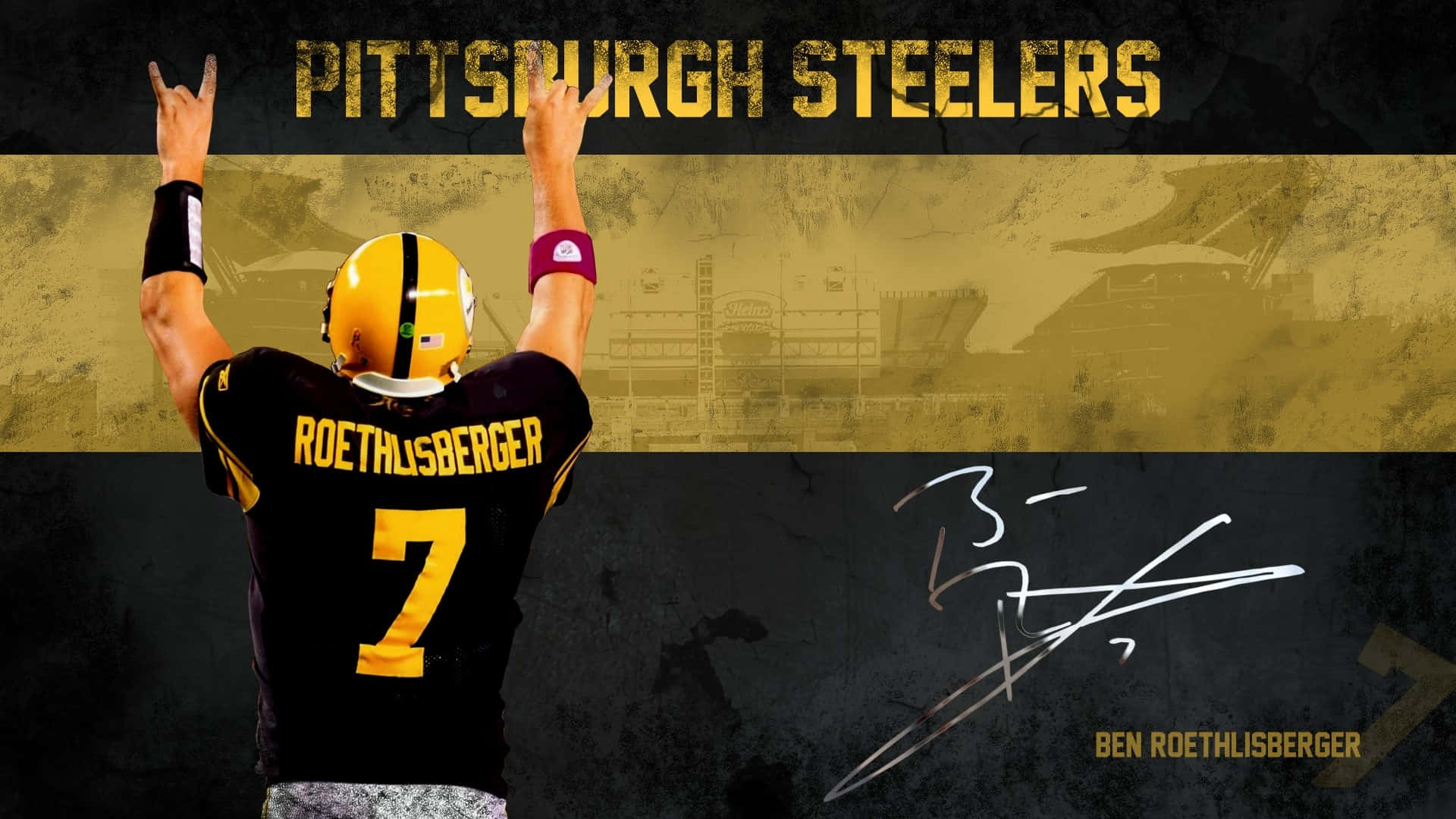 Pittsburgh Steelers Logo 桌布 壁紙 — 一名身穿黑色和金色匹茲堡鋼人隊7號球衣的美式足球員，在粗糙紋理背景前高舉雙手慶祝勝利。