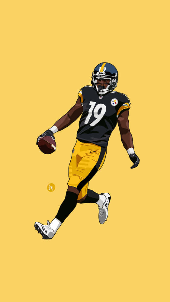 Juju Smith Schuster 桌布 壁紙 — 一名身穿黑色和金色球衣的匹茲堡鋼人隊美式足球員，在純黃色背景上持球奔跑。
