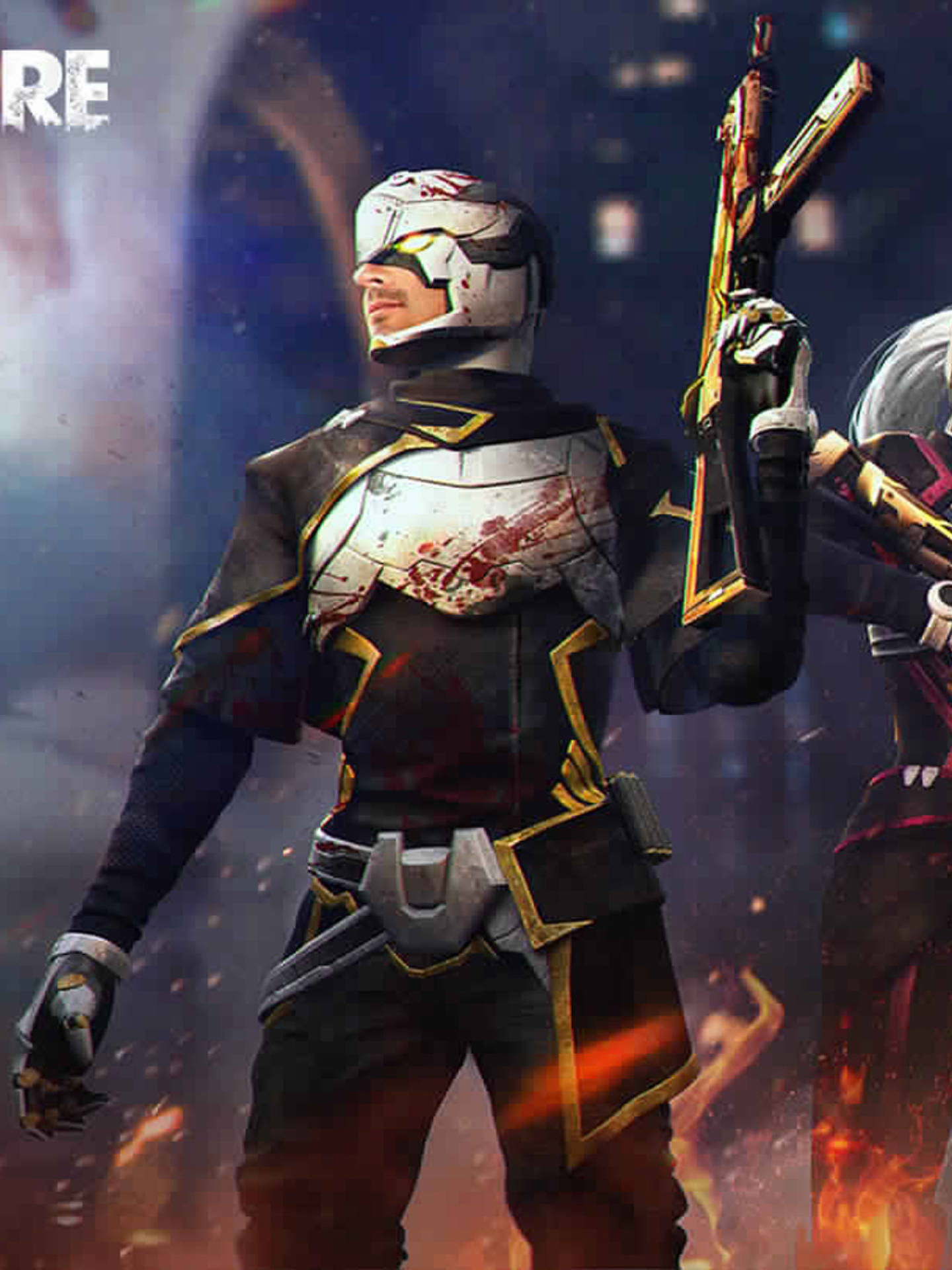 身穿帶血盔甲的未來戰士，在夜晚燃燒的城市中手持武器。 — Fire Emblem Warriors 壁紙