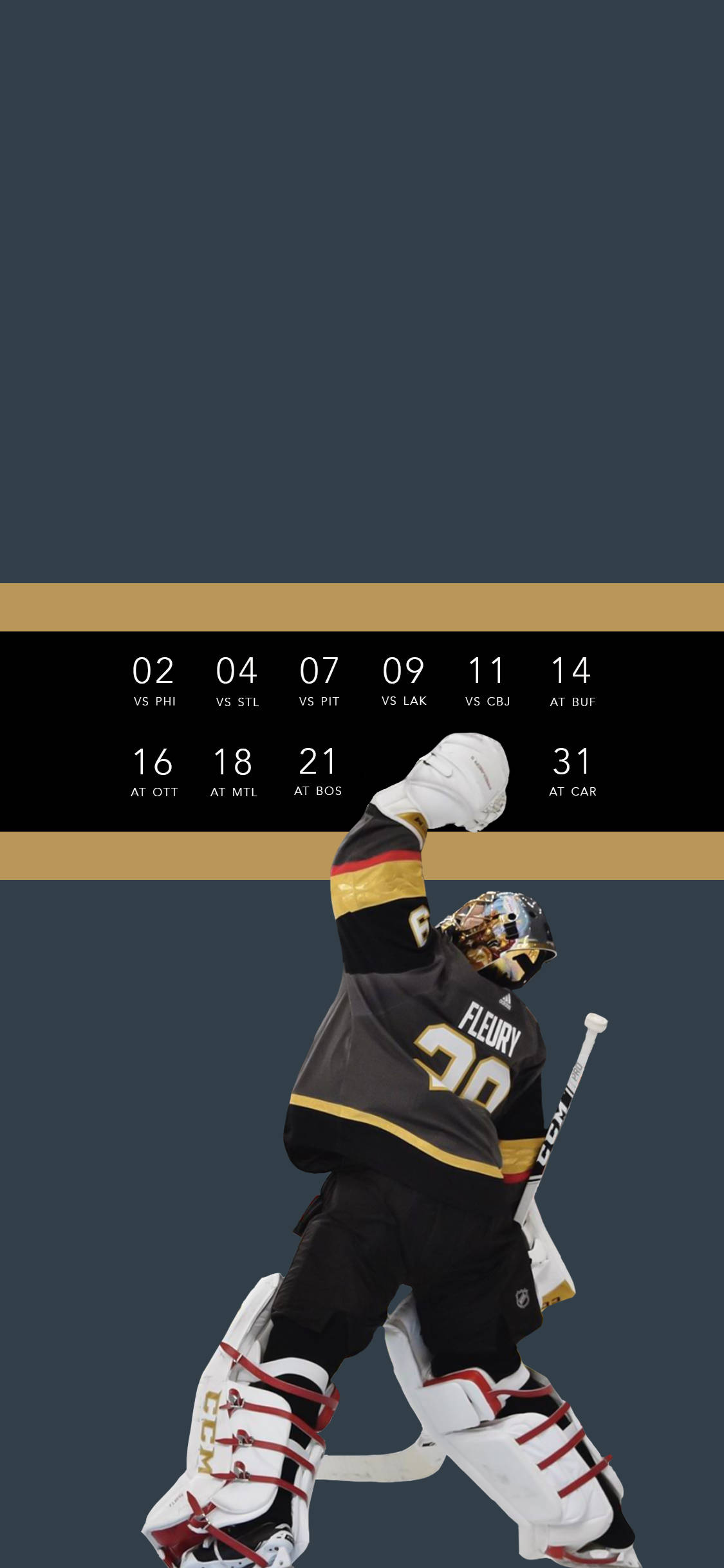 hockey 桌布 壁紙 — 一名身穿黑色和金色裝備的冰球守門員，在深藍色背景上帶有日曆疊加層的情況下，舉起手套慶祝。