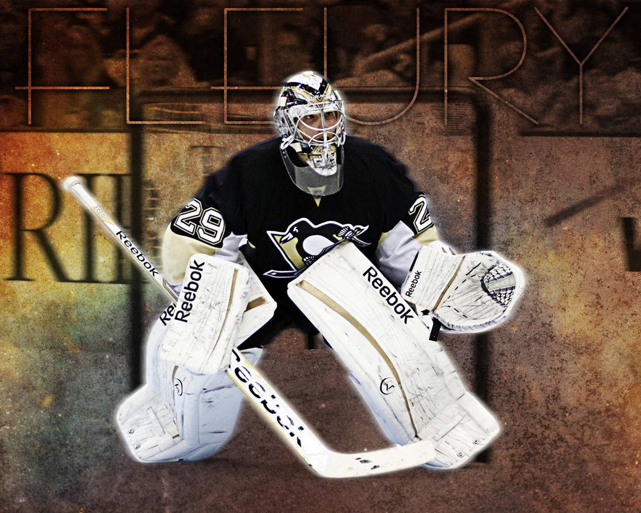 hockey 桌布 壁紙 — 一名身穿黑色和金色裝備的冰球守門員，在帶有紋理的復古背景前蹲伏，準備好球棍和護墊。