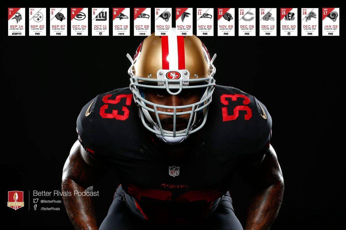 49ers 桌布 壁紙 — 一名身穿黑色和金色裝備的舊金山49人美式足球員，在黑色背景上，上方有賽程卡，凝視著。