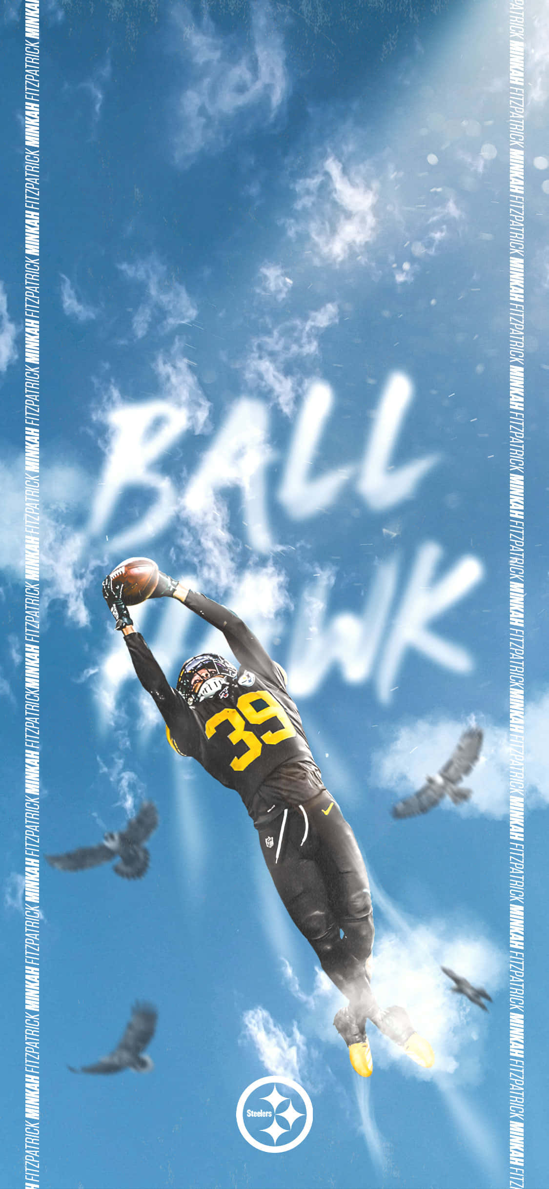 Steelers iPhone 桌布 壁紙 — 一名身穿黑色和黃色球衣的足球員在明亮的藍天中跳躍接球，周圍有鷹飛翔。