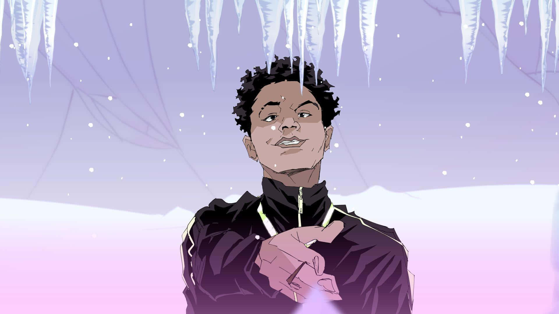 Lil Mosey 桌布 壁紙 — 一名身穿黑色外套的年輕男子站在發光的冰柱下，背景是柔和紫色和粉紅色調的寧靜冬日場景。