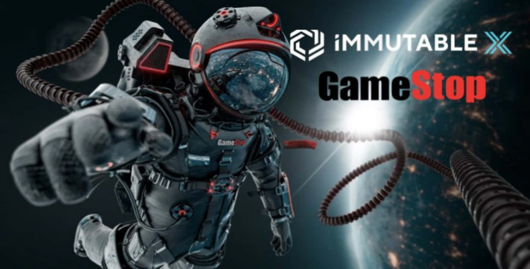 GameStop 桌布 壁紙 — 一名身穿黑色帶紅色點綴太空衣的太空人漂浮在太空中，手指向前方，身後是地球和星星。