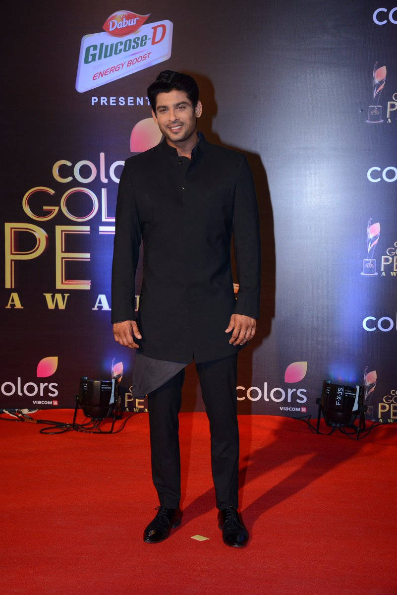 Sidharth Shukla 桌布 壁紙 — 一名身穿黑色庫爾塔和褲子的男子在Colors Gold Pet Awards的紅地毯上微笑，背景有品牌燈光。