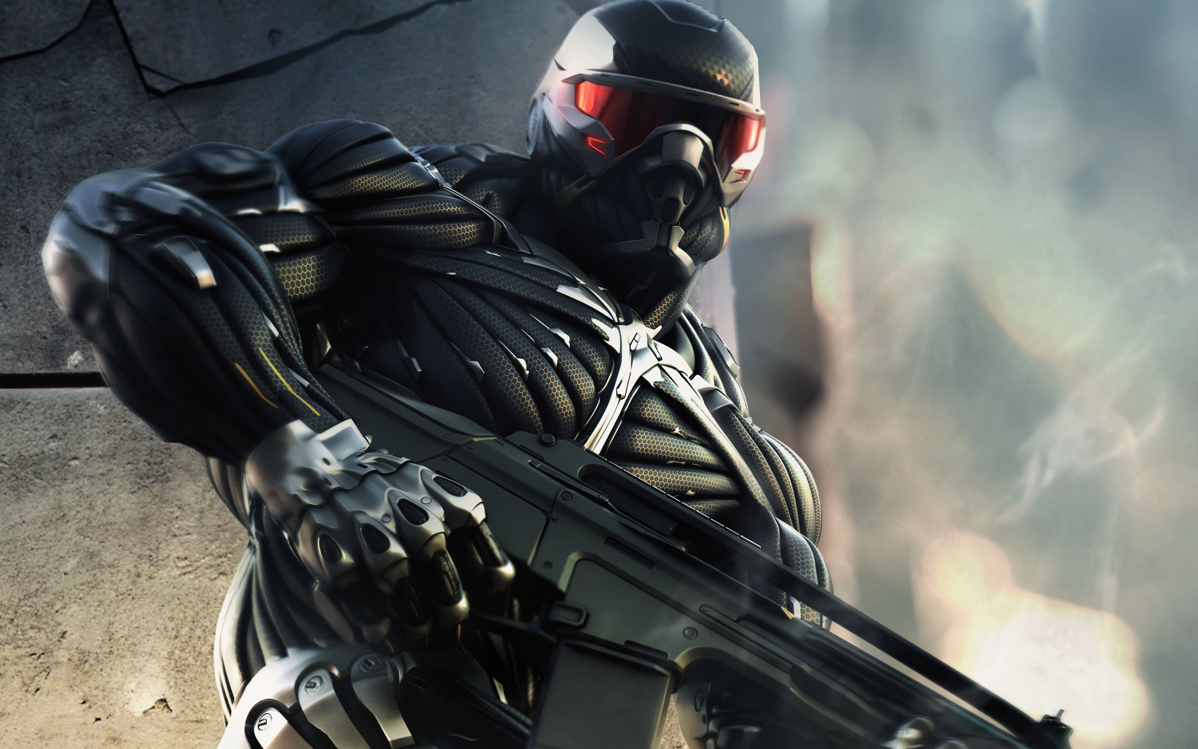 crysis 3 4K 桌布 壁紙 — 一名身穿黑色戰術裝備、戴著紅色發光護目鏡的未來士兵，在煙霧和碎片中瞄準步槍。