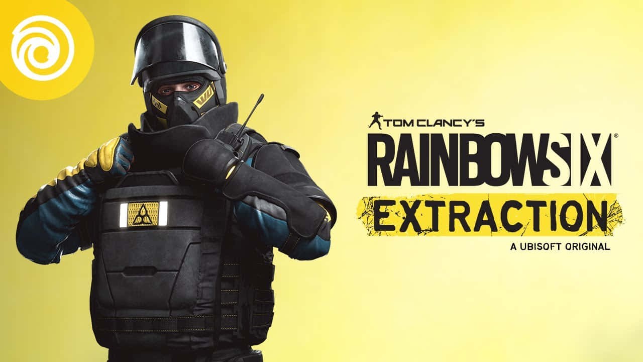 Rainbow Six Siege Rook 桌布 壁紙 — 一名身穿黑色戰術裝備帶有黃色點綴的士兵，站在明亮的黃色背景前，手持對講機。