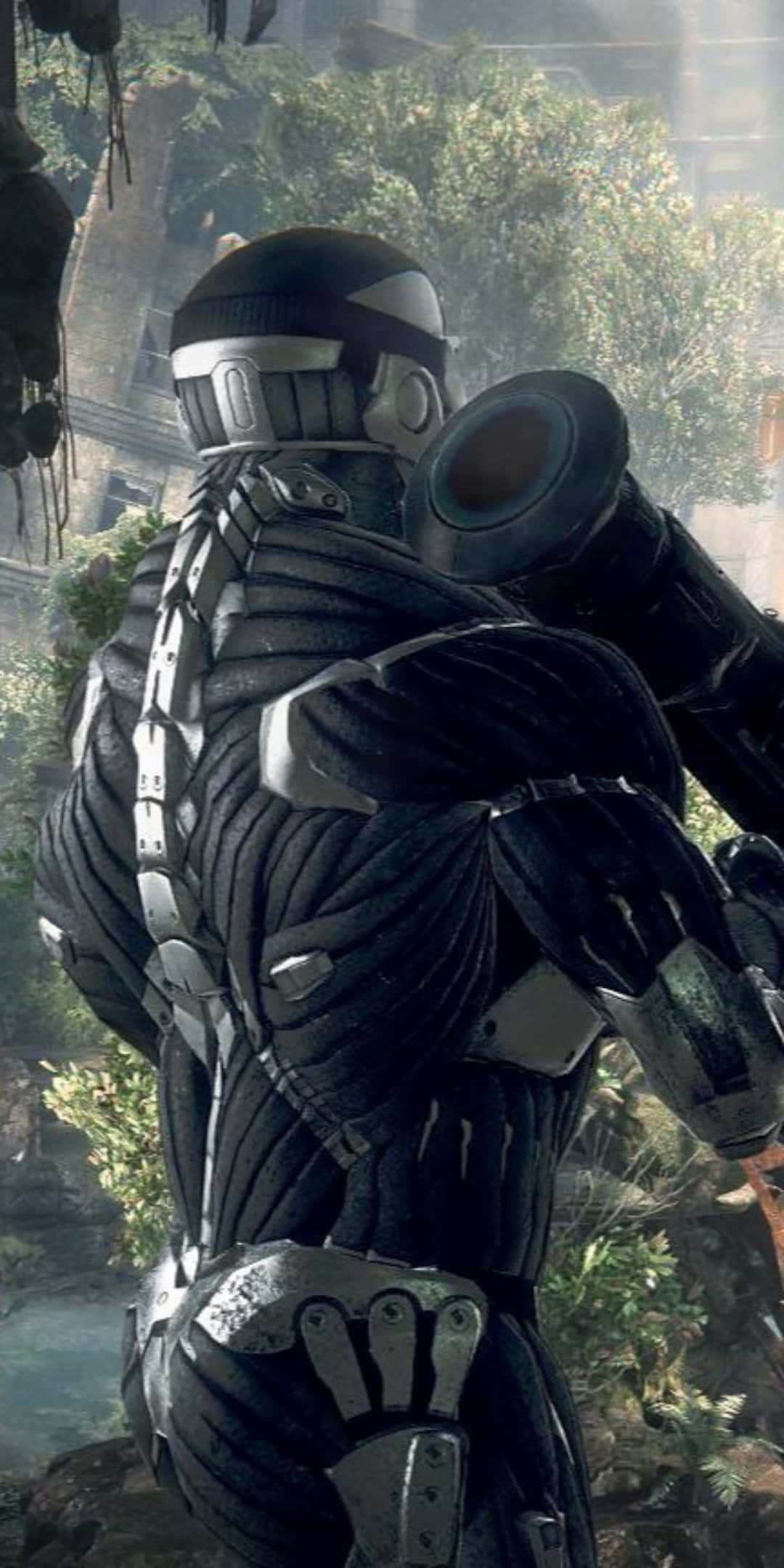 Pixel 3 Crysis 3 桌布 壁紙 — 一名身穿黑色戰術裝備的重裝士兵，站在迷霧籠罩的叢林中，周圍是廢墟和樹葉。