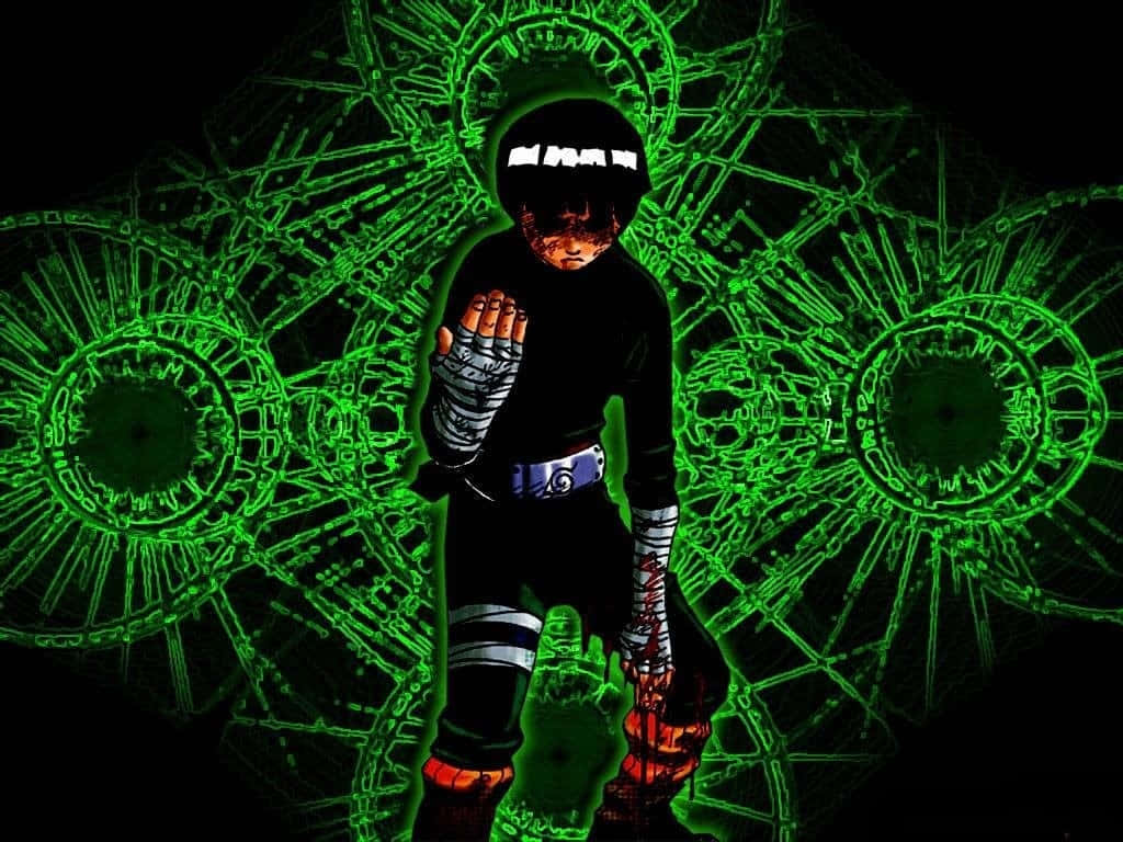 Naruto Green 桌布 壁紙 — 一名身穿黑色服裝、帶有發光綠色查克拉符號的忍者，在黑暗背景前擺好姿勢。