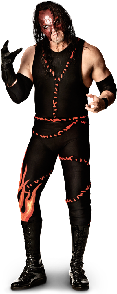 WWE 桌布 壁紙 — 一名身穿黑色火焰圖案裝備、臉塗紅色顏料的威嚇摔角手在黑色背景前擺姿勢。