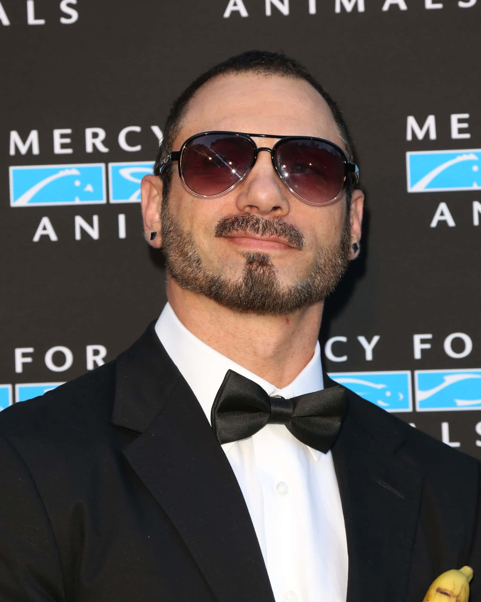 Sunglasses 桌布 壁紙 — 一名身穿黑色燕尾服和領結的男子，在Mercy for Animals活動中戴著深色太陽眼鏡和香蕉別針。