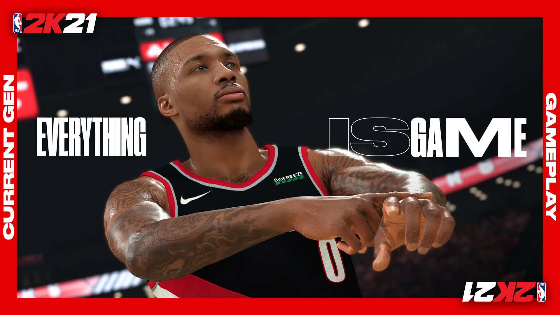NBA 2k 桌布 壁紙 — 一名身穿黑色球衣、有刺青的籃球運動員在模糊的競技場背景下向前指著，並帶有粗體紅色文字覆蓋。