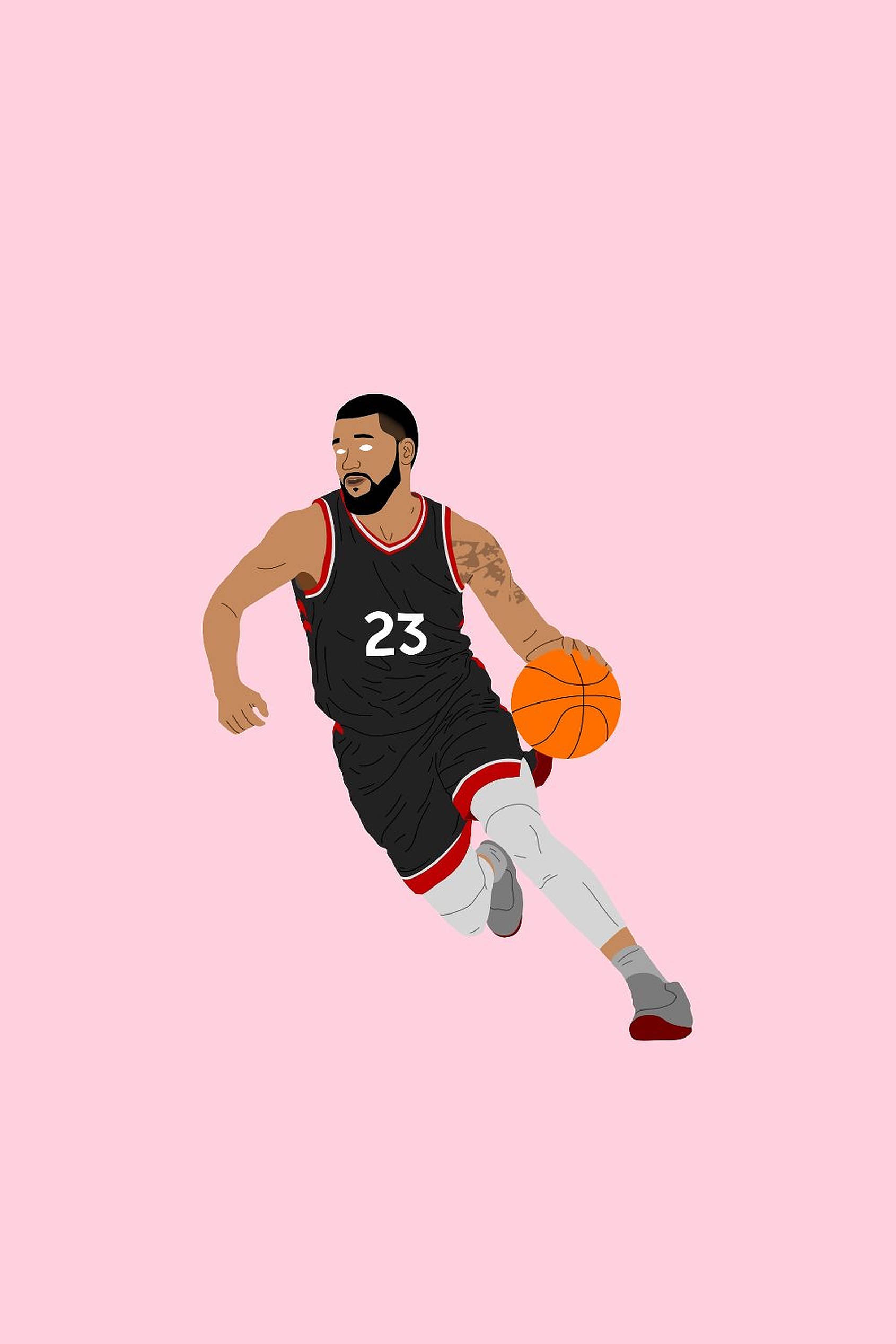Fred Vanvleet 桌布 壁紙 — 一名身穿黑色球衣、背號23的籃球運動員在純粉紅色背景上運著橙色籃球。