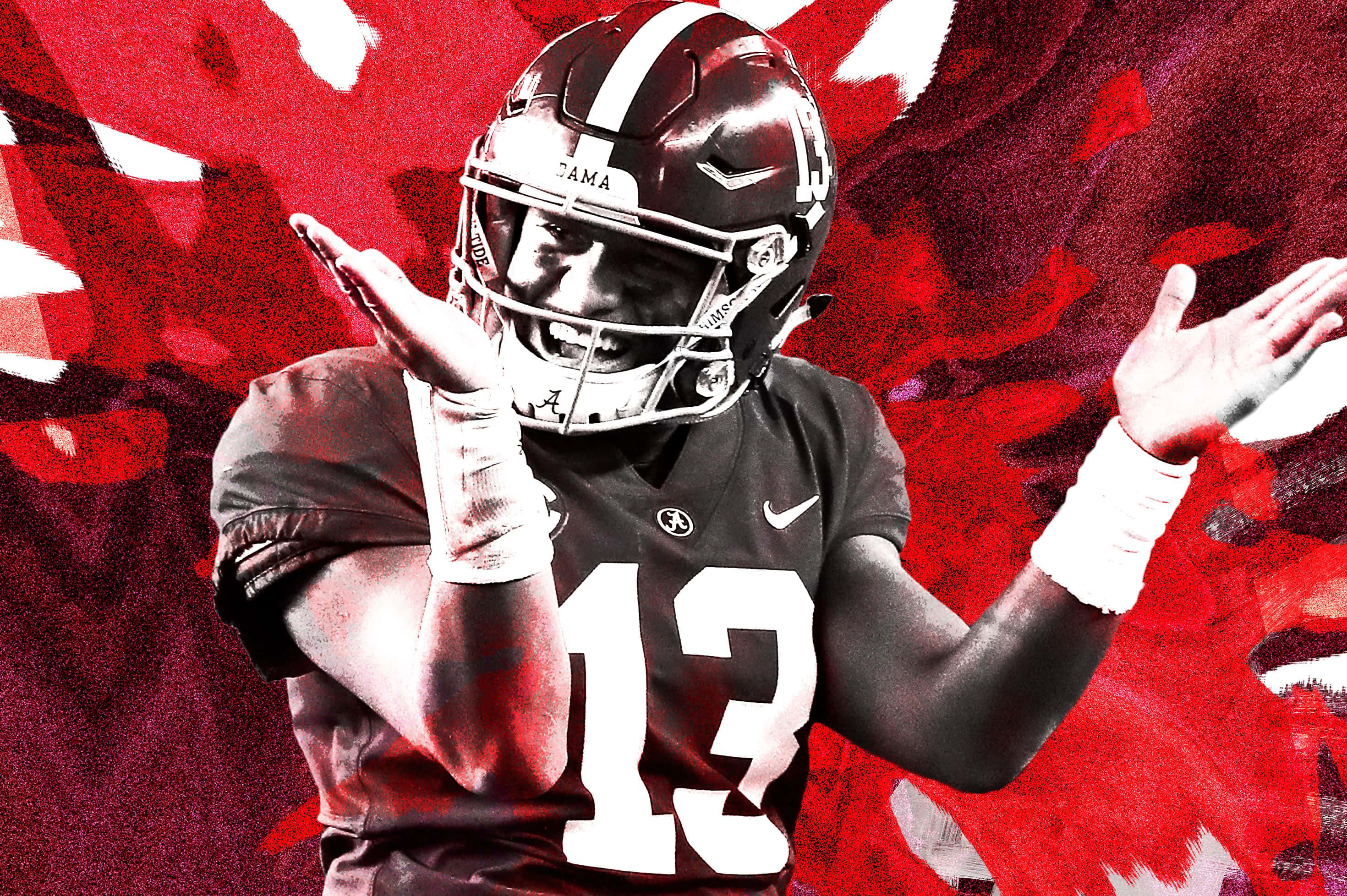 Tua Tagovailoa 桌布 壁紙 — 一名身穿黑色球衣、號碼13、戴著頭盔的足球運動員，在鮮明的紅白抽象背景前做出動態手勢。