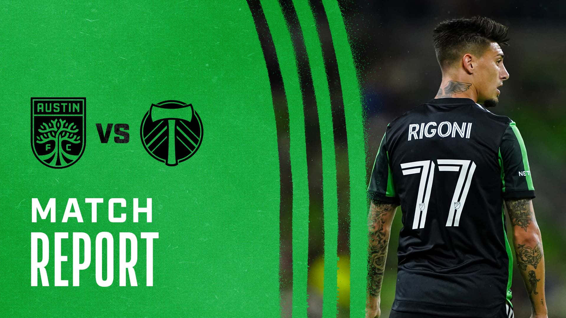 Emiliano Rigoni 桌布 壁紙 — 一名身穿黑色球衣、號碼77的足球員站在綠色圖形旁，圖形上有球隊標誌和比賽報告文字。