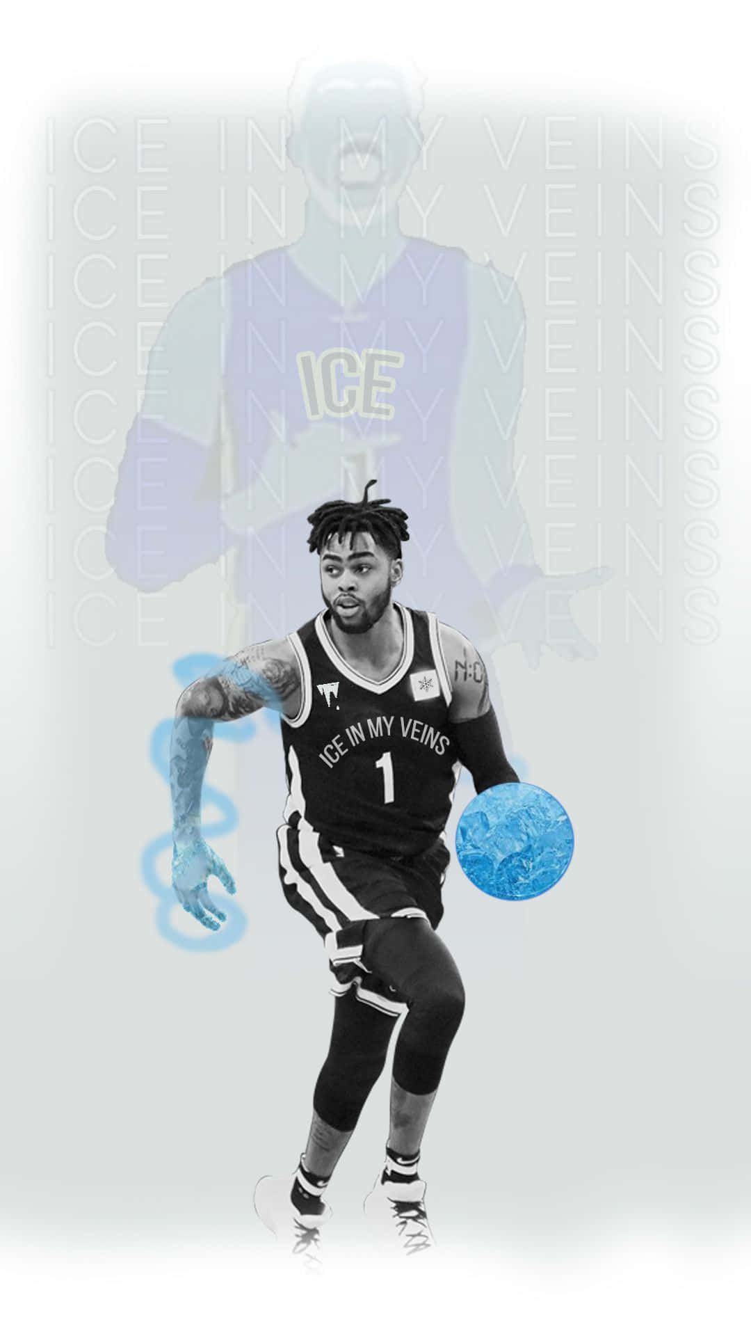 Dangelo Russell 桌布 壁紙 — 一名身穿黑色球衣的籃球運動員正在運球，球發出冰藍色能量效果的藍光，身後有一個半透明的鬼影。