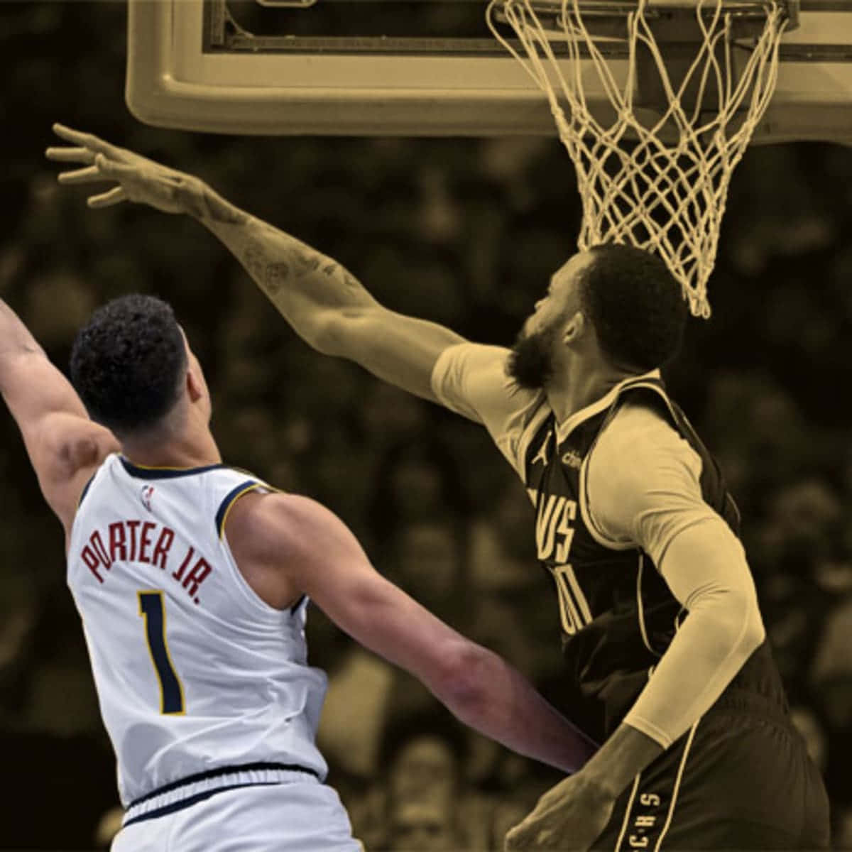 兩名籃球運動員在比賽中爭奪灌籃。 — NBA 壁紙