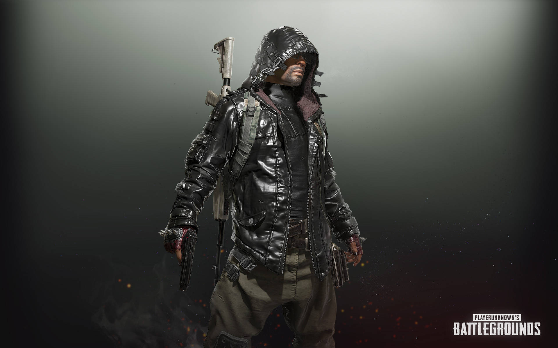 一名身穿黑色皮裝備的士兵手持手槍，肩上扛著步槍。 — PUBG 4K 壁紙 壁紙