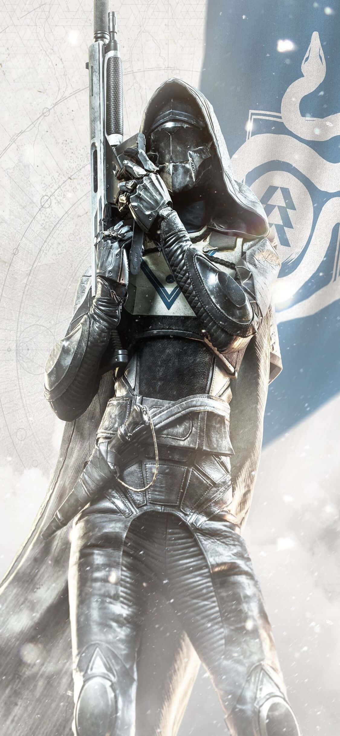 iPhone Xs Destiny 2 桌布 壁紙 — 一名身穿黑色皮革的兜帽裝甲戰士，在雪景背景下手持步槍，並帶有發光標誌。
