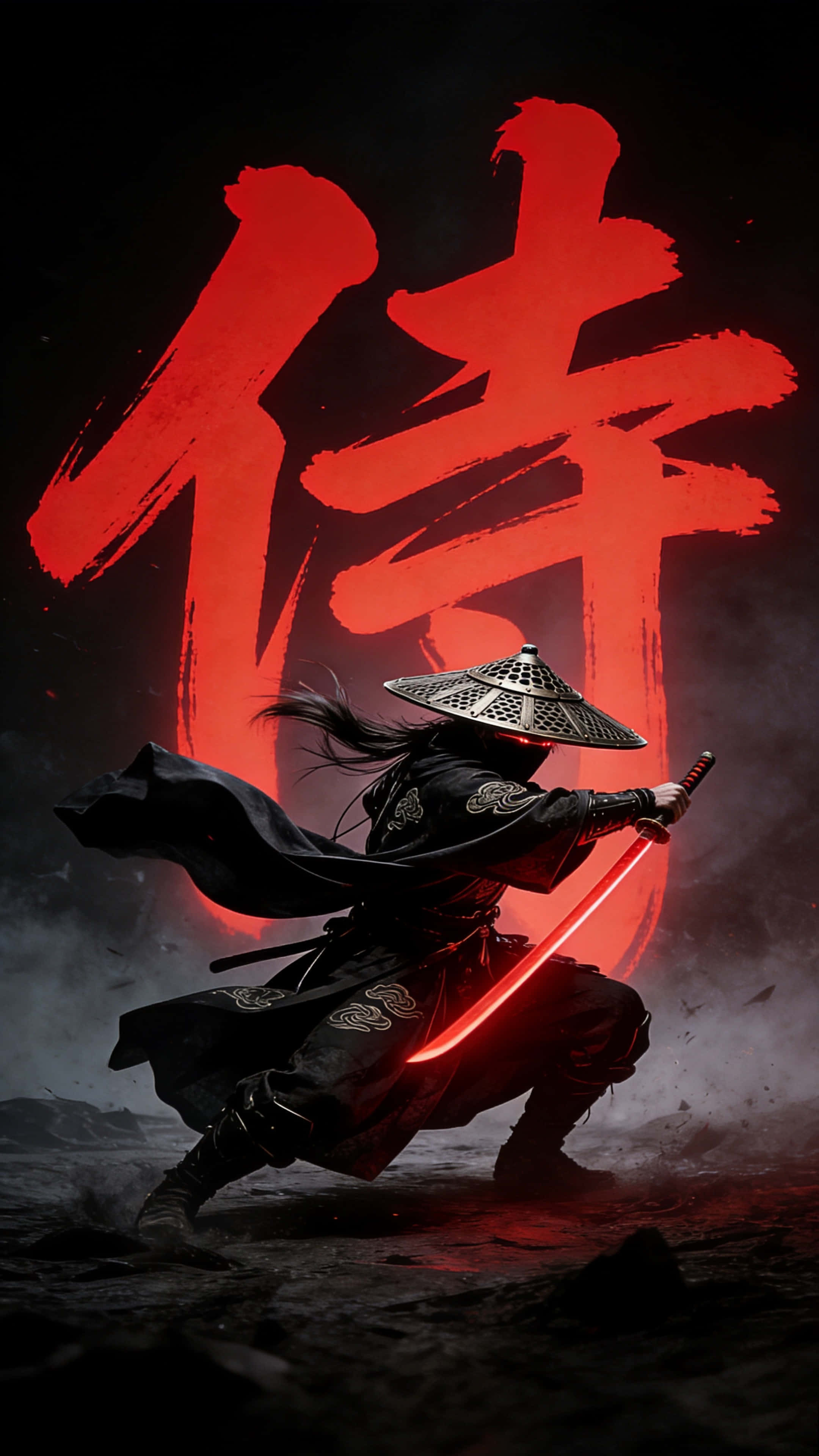 黑色 桌布 壁紙 — 一名身穿黑色盔甲、戴著圓錐帽的武士戰士，在黑暗背景下揮舞著發光的紅色武士刀，背後有一個巨大的紅色漢字。