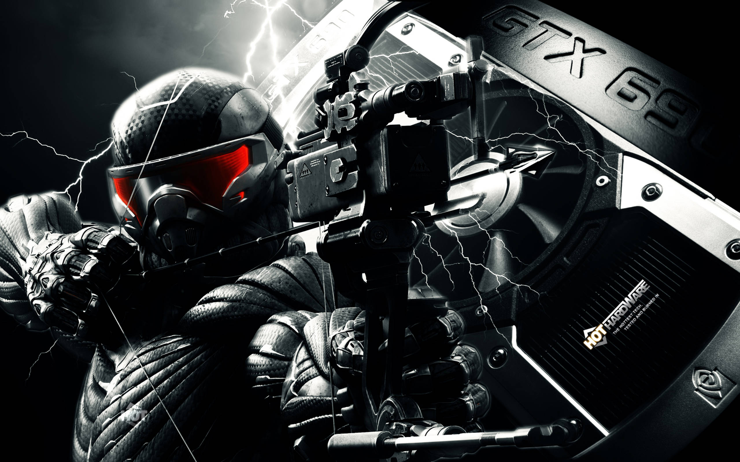 Crysis 3 桌布 壁紙 — 一名身穿黑色盔甲、戴著發光紅色護目鏡的未來士兵，以一張閃電劈啪作響的 GTX 690 顯示卡為背景，瞄準武器。